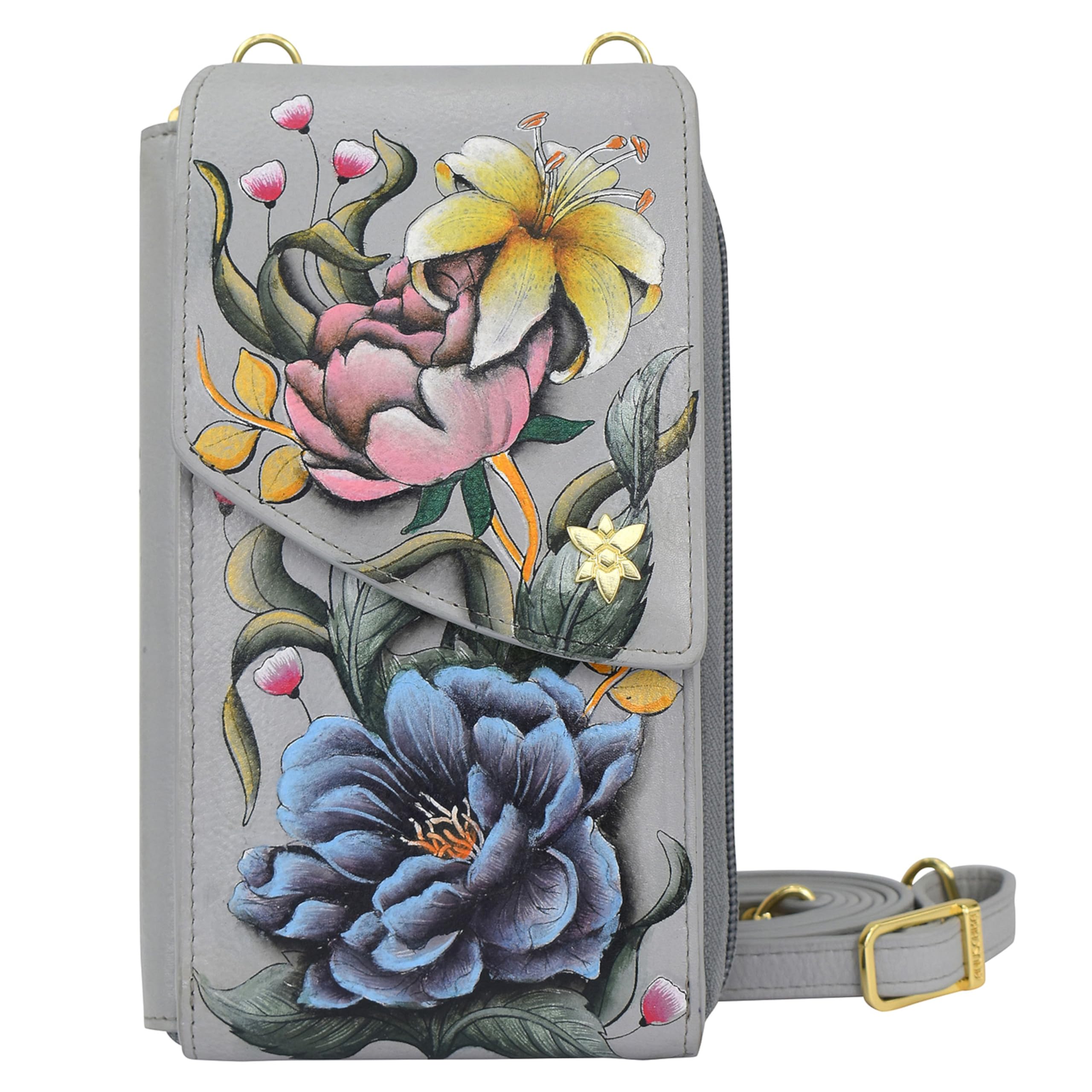 Anuschka Portfel Kobiety Women's Original Hand-painted Genuine Vegetable Tanned Leather Rfid Blocking Crossbody Phone Wallet