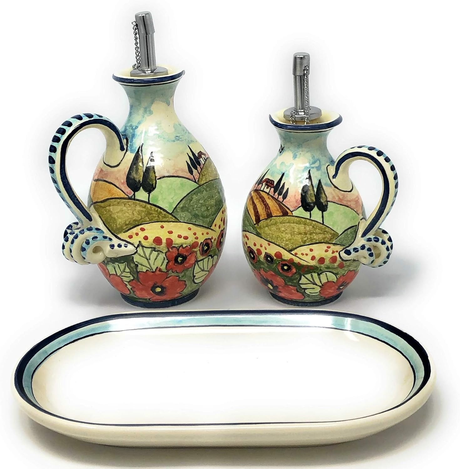 CERAMICHE D'ARTE PARRINI - Italian Ceramic Set Cruet Oil Vinegar Art Pottery Decorated Poppies Hand Painted Made in Italy Tuscan
