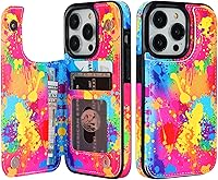Vista 7 de HAOPINSH Funda tipo cartera para iPhone 14 Pro con tarjetero, patrón de flores pálidas en la parte trasera, de piel sintética, con ranuras