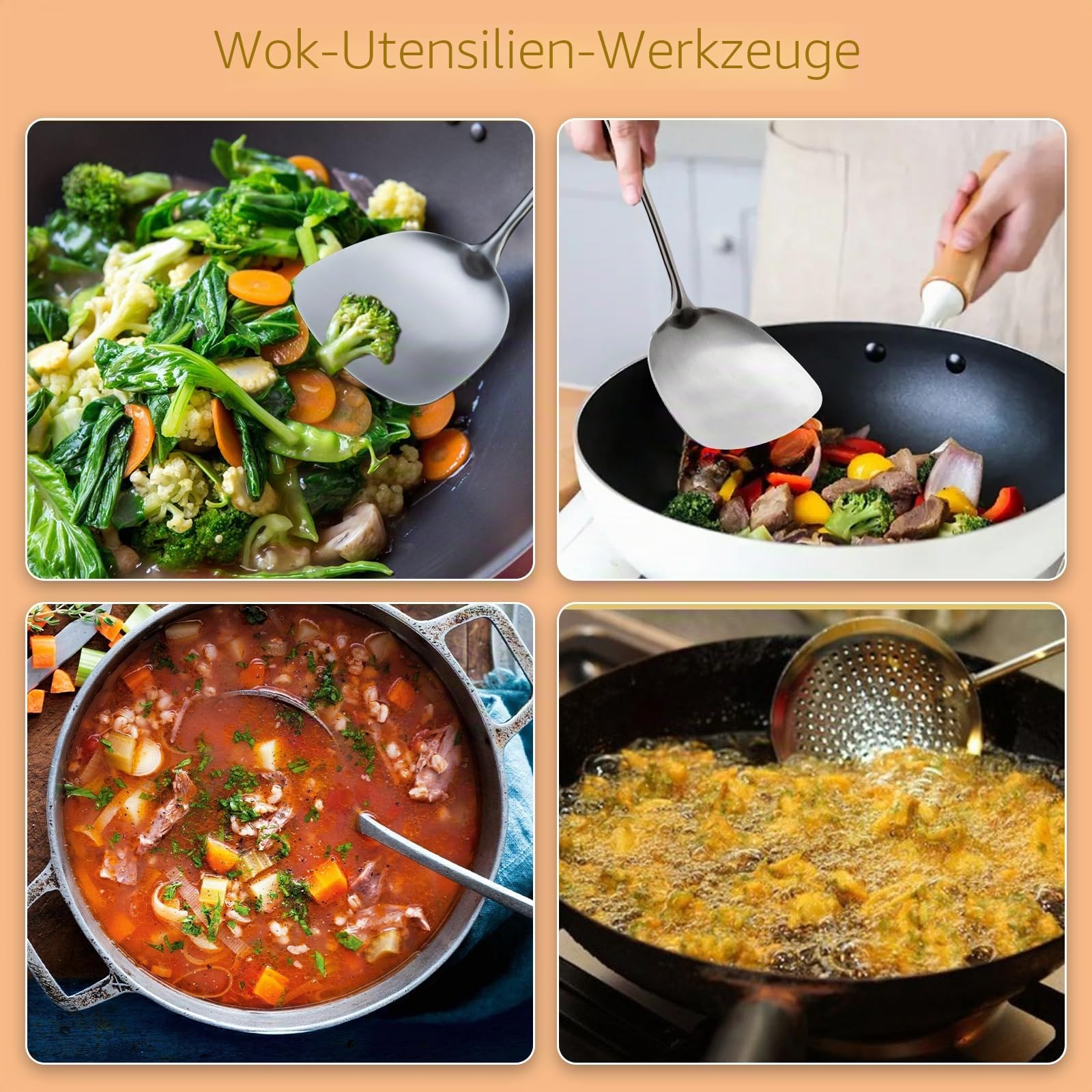 FJNATINH Wok-Pfannenwender und Schöpflöffel, Werkzeugset, 43,2 cm, Pfannenwender für Wok, 304 Edelstahl