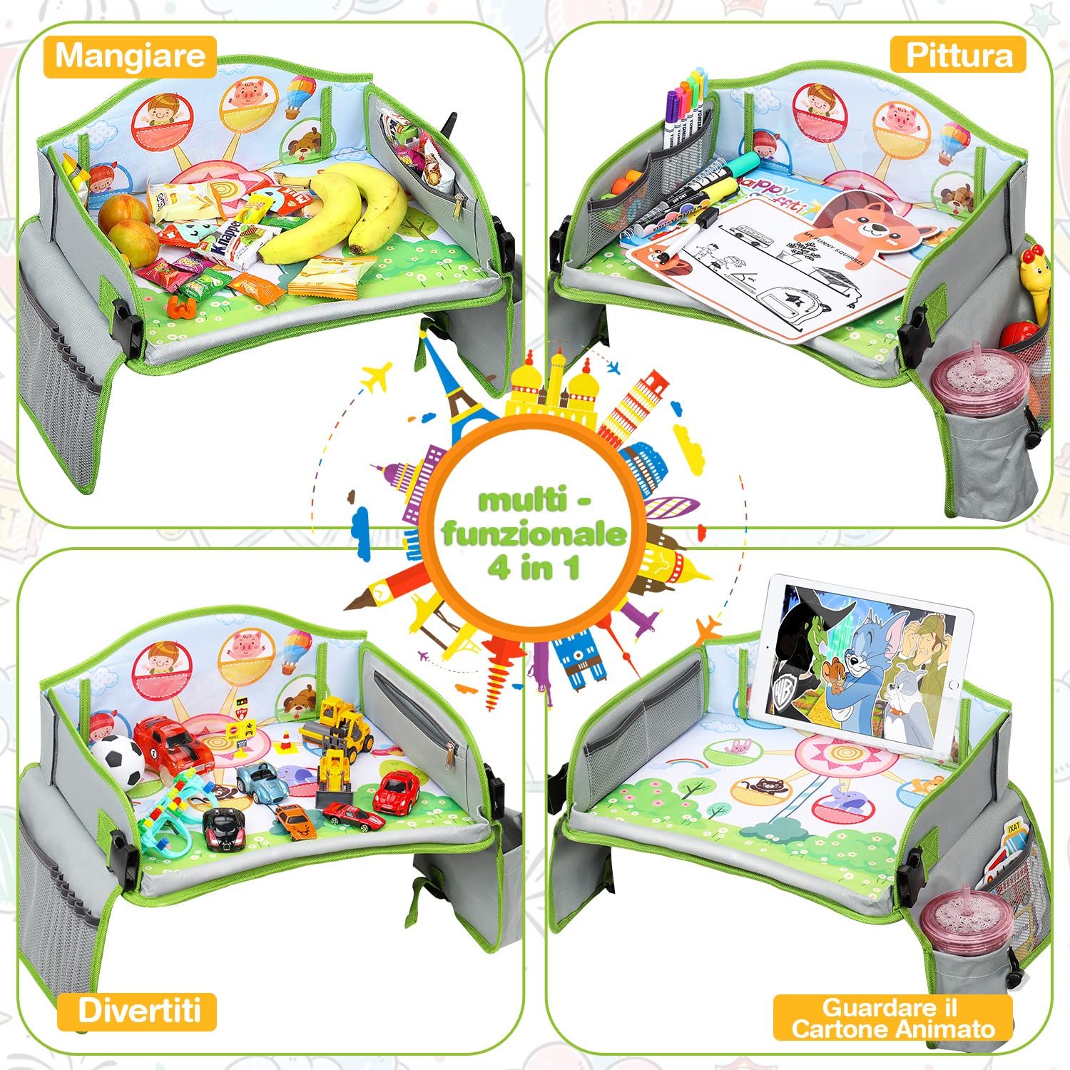 lenbest vassoio da viaggio, 1 penna per lavagna e tavola da disegno riutilizzabile per animali su entrambi i lati - vassoio per attività di gioco e snack per bambini - auto/passeggino/aereo (verde)