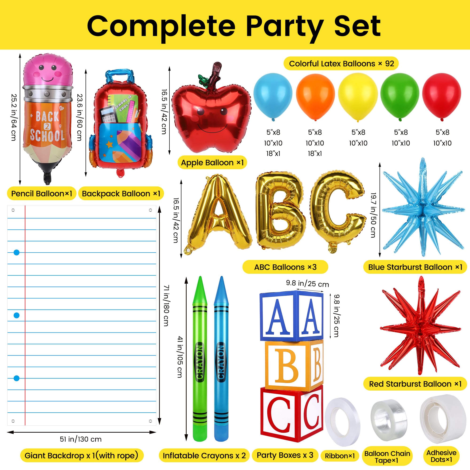Aneco Kit de decoración de regreso a la escuela, kit de arco de guirnalda de globos con mantel de autobús escolar, cuaderno, telón de fondo, caja ABC inflable para aula, configuración del primer día