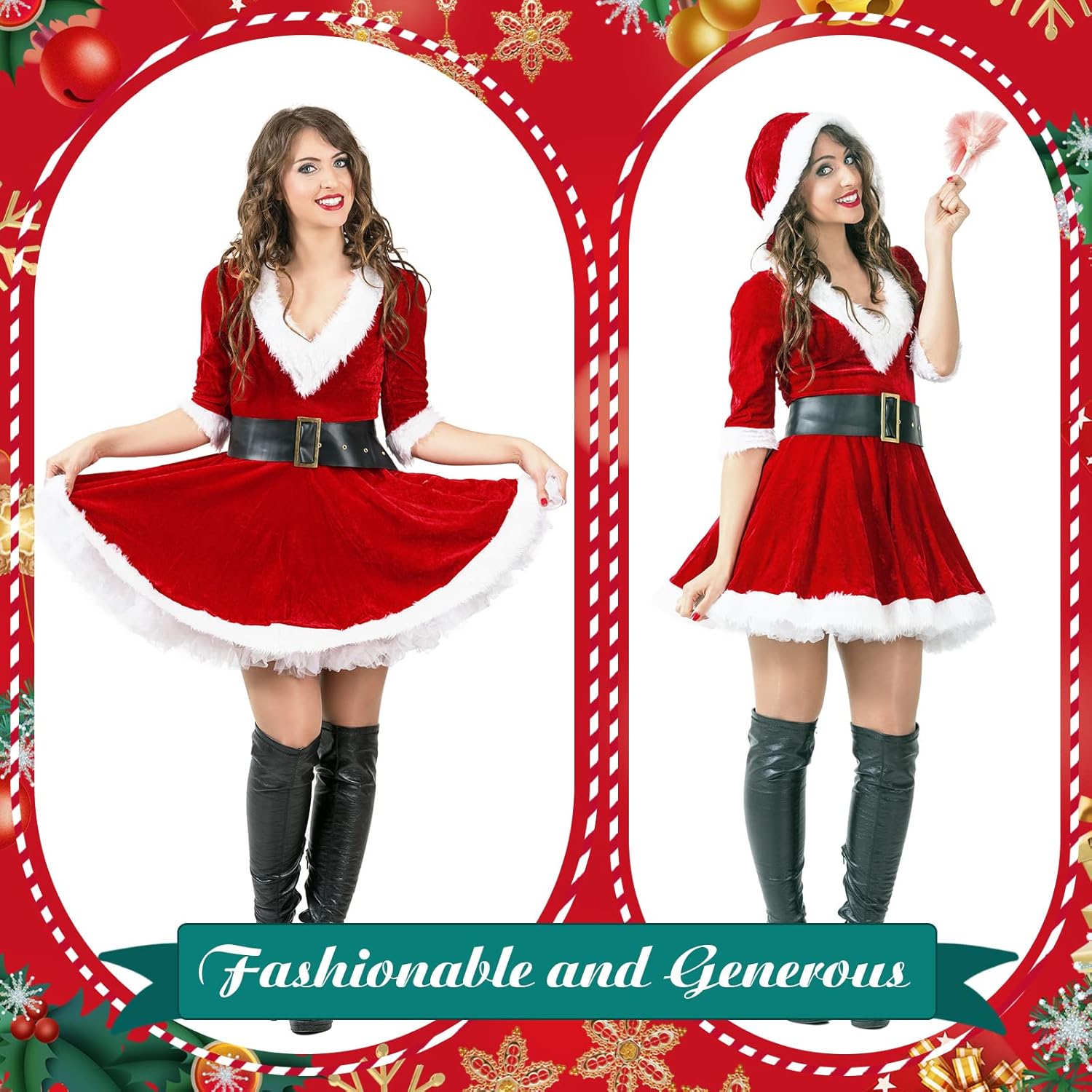 Hillban Santa Costume for Women Mrs. Santa Claus Costume Cosplay Christmas Dress Hooded Fluffy Velvet with Belt for Christmas - Image 7