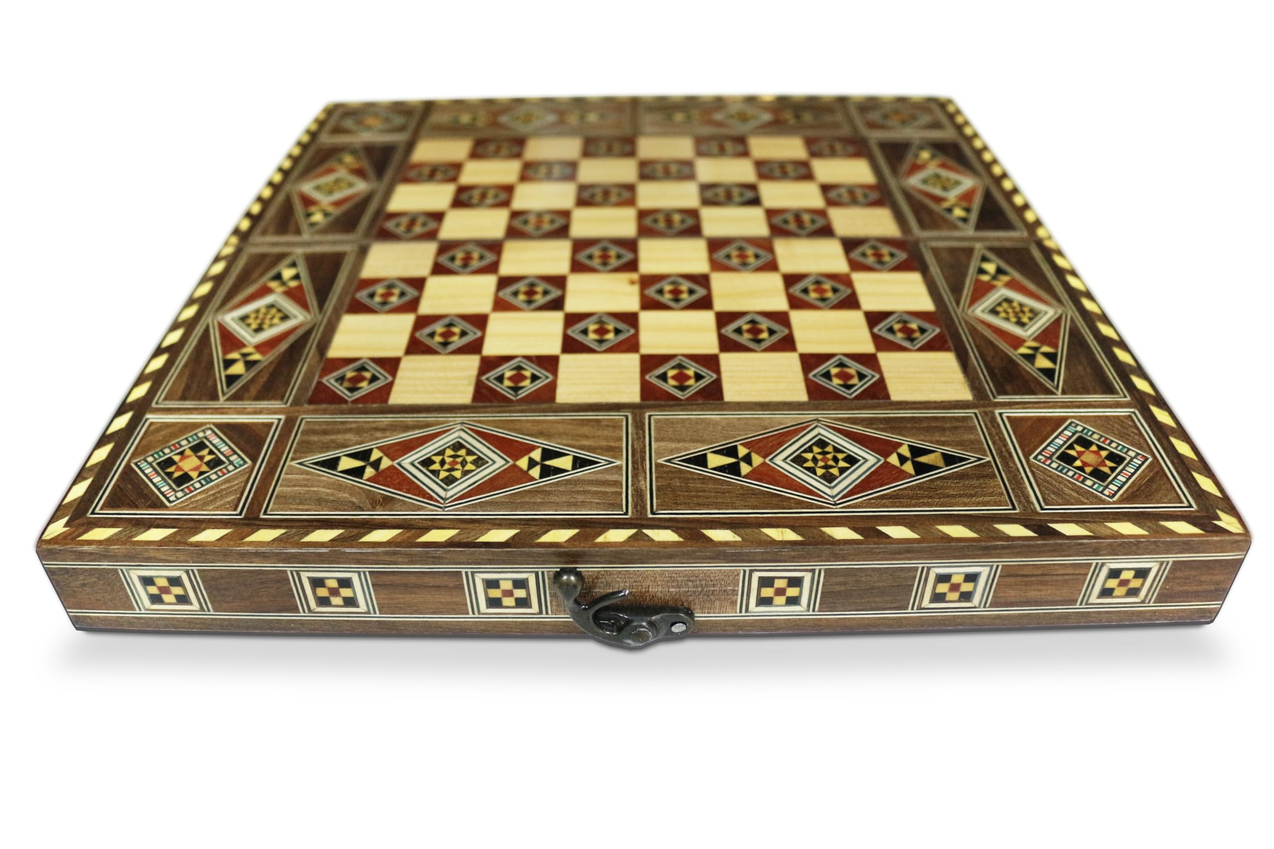 30 x 30 cm in legno Backgammon Tavla/gioco di scacchi/DAMA, Tavla,originale intarsiato artigianato fatto a mano, Brett BK 301F con 30 pietre di backgammon in legno e con statuette di scacchi in