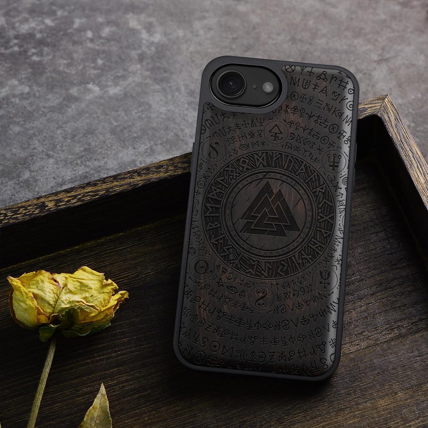 Carveit Magnetic Wooden Case for iPhone 16e / 17e, Solid Wood & TPU, Artisan Engraved Design, Shockproof Cover, Compatible with MagSafe Wireless Chargers, Ancient Wisdom in Viking Design - Blackwood