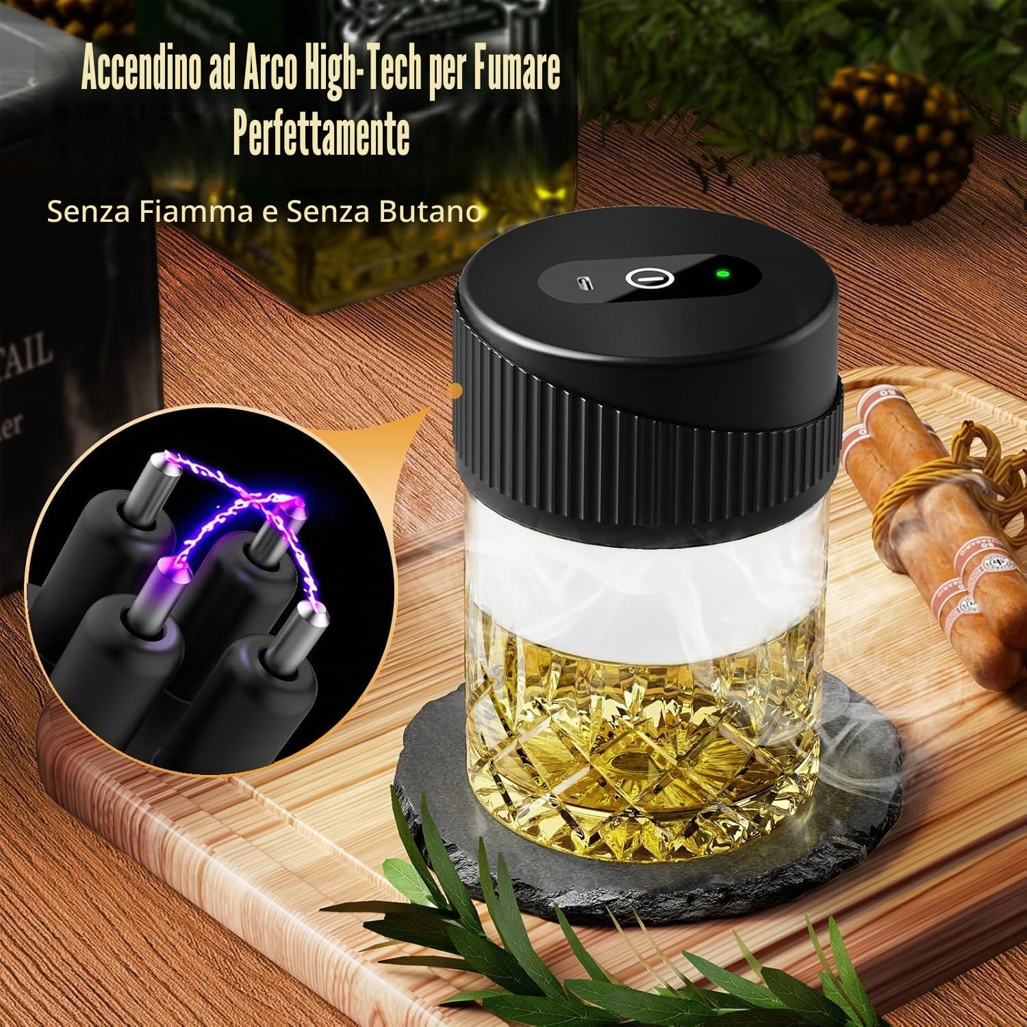 Kit di Fumo di Whisky Elettrico Portatile - Kit di Fumo di Cocktail Multifunzionale Ricaricabile con 6 Truciole di Legno (Senza Butano) - Accendino Incorporato