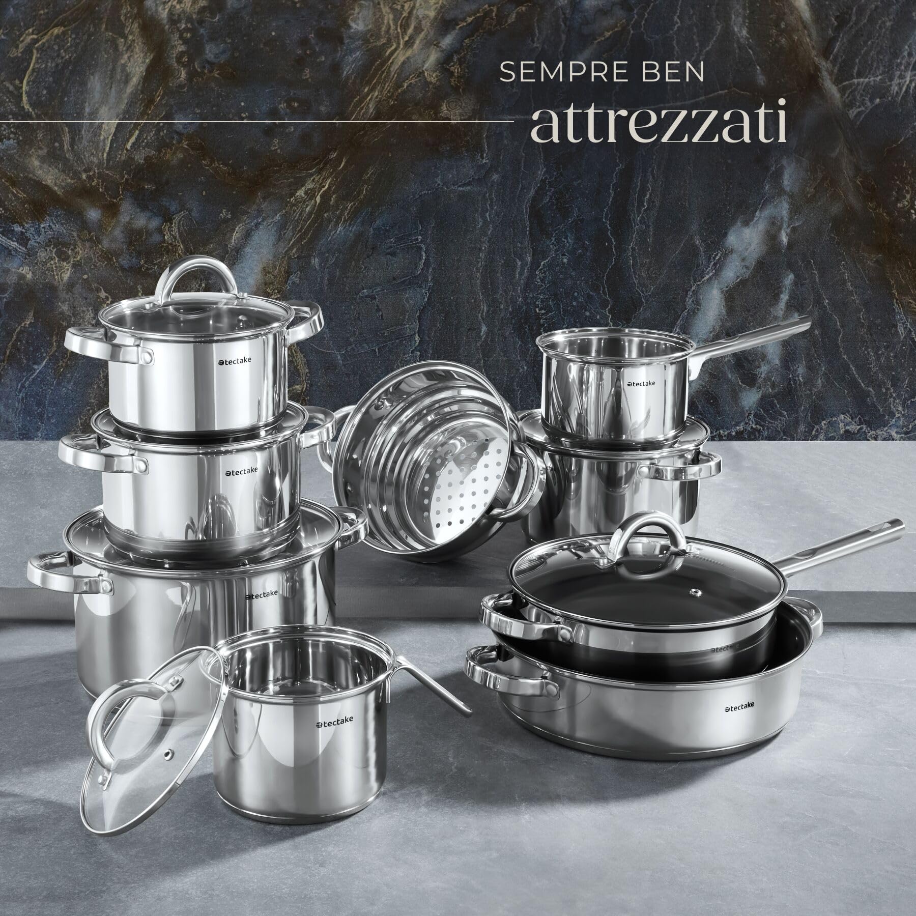 tectake® Set di Pentole, 15 Pezzi, Batteria di Pentole e Padelle in Acciaio Inossidabile, Adatto a Induzione, Gas, Elettrico, Padelle Antiaderenti, Lavabili in Lavastoviglie, Coperchi Abbinati