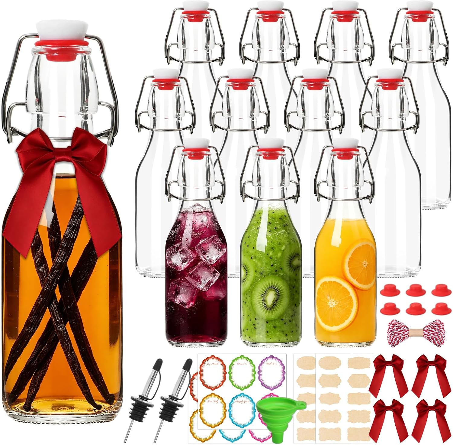 BIGIVACA 12 Pack 8oz Swing Top Glass Bottles – Flip Top Bottles with Stoppers for Vanilla Extract, Kombucha, Kefir, Home Brewing, Fermentation & Gifting, Includes 6 Extra Seals & 2 Pourers