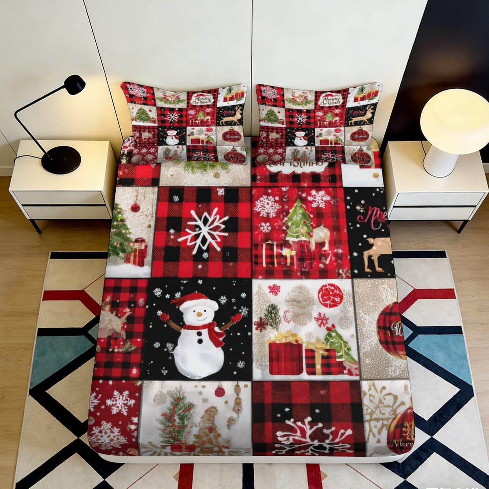 3D Printed Christmas Patchwork Fitted Sheet Microfiber Snowman Plaid Bed Cover Anti-Slip Easy Care for Bedroom Guest Room 200x200x25cm