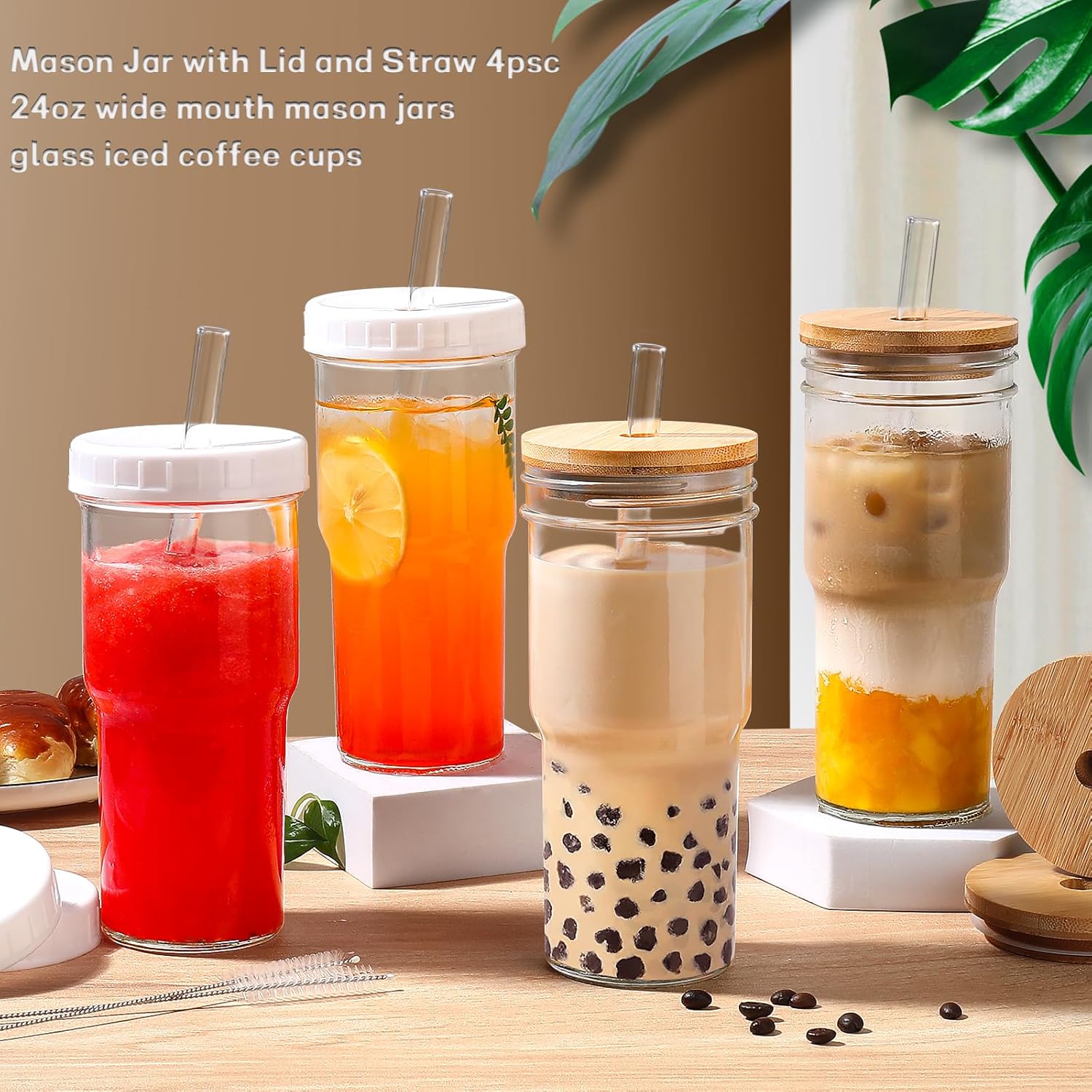 DWTS DANWEITESI Mason Jar with Lid and Straw,24 oz Iced Coffee Cup with Bamboo Lid and Straw,Boba Cups Smoothie Tumbler-Wide Mouth Reusable Glass Cups with Lid and Straws【4 Pack】 - Image 4