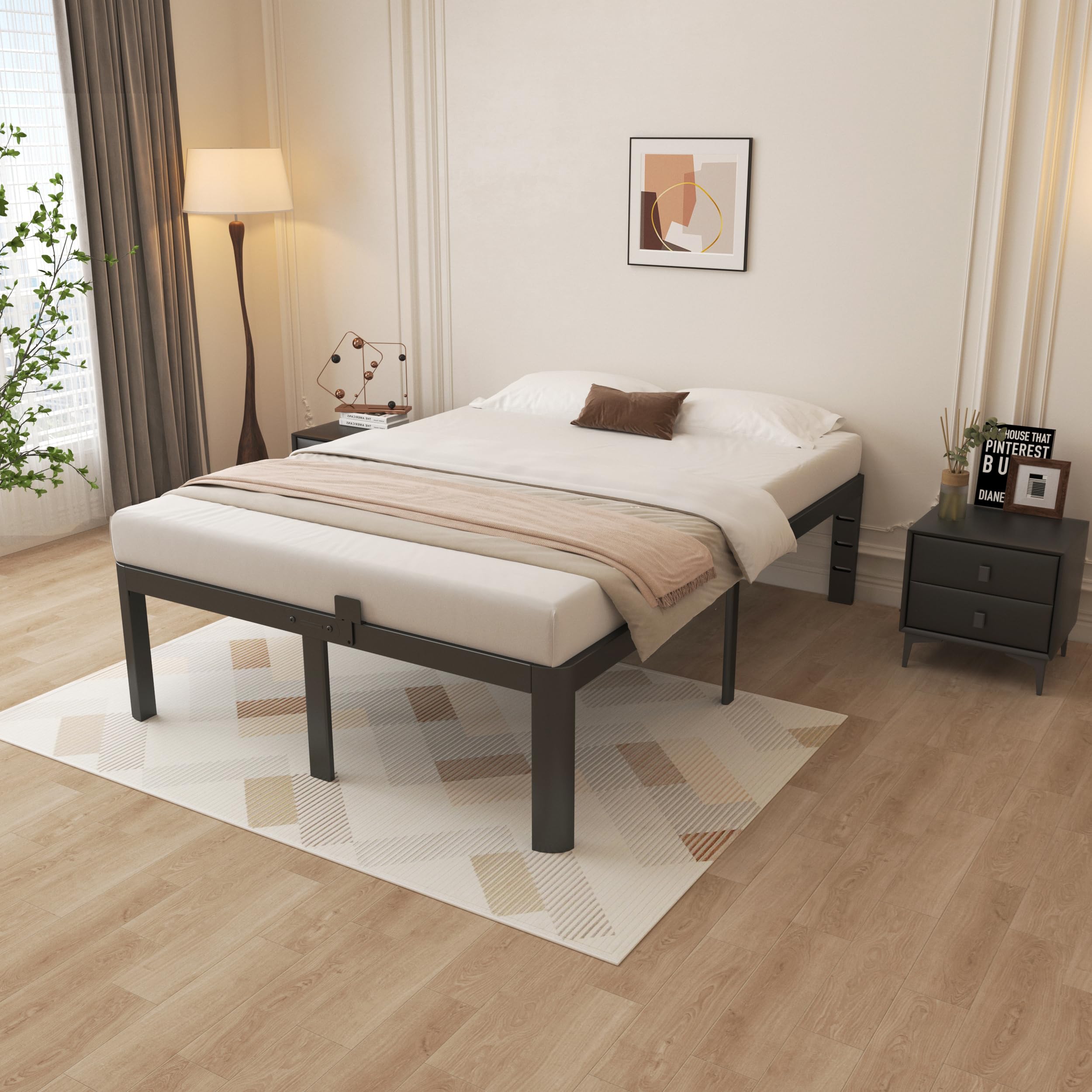 Base de cama de tamaño matrimonial de 16 pulgadas, marco de cama matrimonial negro con deflectores antideslizantes, no necesita somier, soporte de plataforma de acero resistente, patas de 8