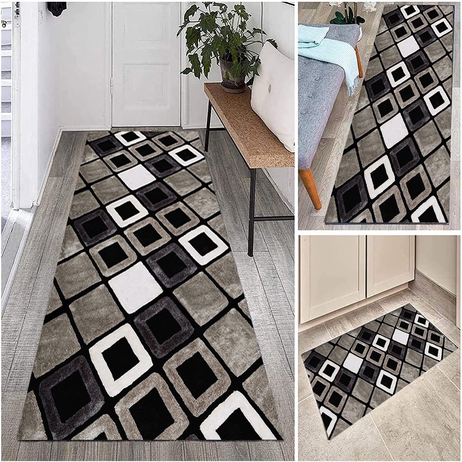 Tapis de couloir gris de 70x350 cm lavable et antidérapant