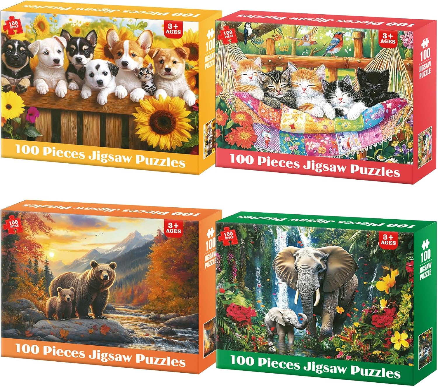 4-Pack 100 Piece Puzzles Dogs Cats Bears Elephants Puzzle for Kids Ages 4-8 8-10, 100 Piece Jigsaw Puzzle for Adults Seniors Children Learning Educational Puzzles Toys Birthday Gifts for Girls Boys