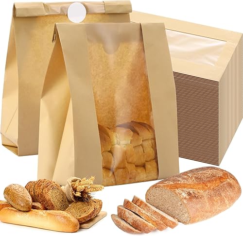 Miniatura 1 de Domensi 100 bolsas de pan de papel para pan casero de 13.7 x 8.2 x 3.5 pulgadas, bolsa grande de papel para panadería con ventana, bolsas de pan de