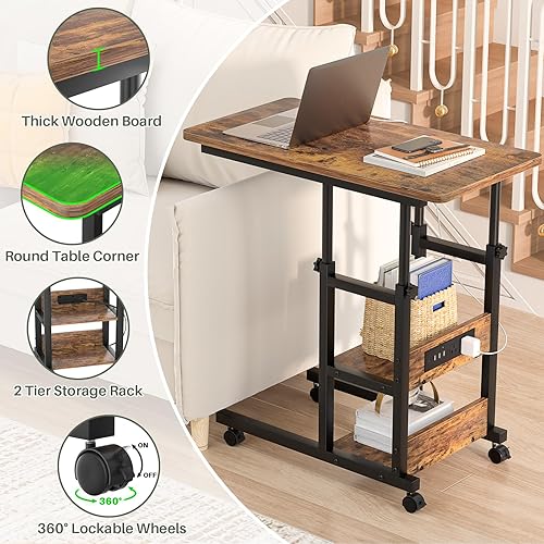 Miniatura 6 de Mesa auxiliar de altura ajustable con estación de carga, mesa lateral móvil para laptop en forma de C con ruedas, mesa de sofá de 3 niveles con