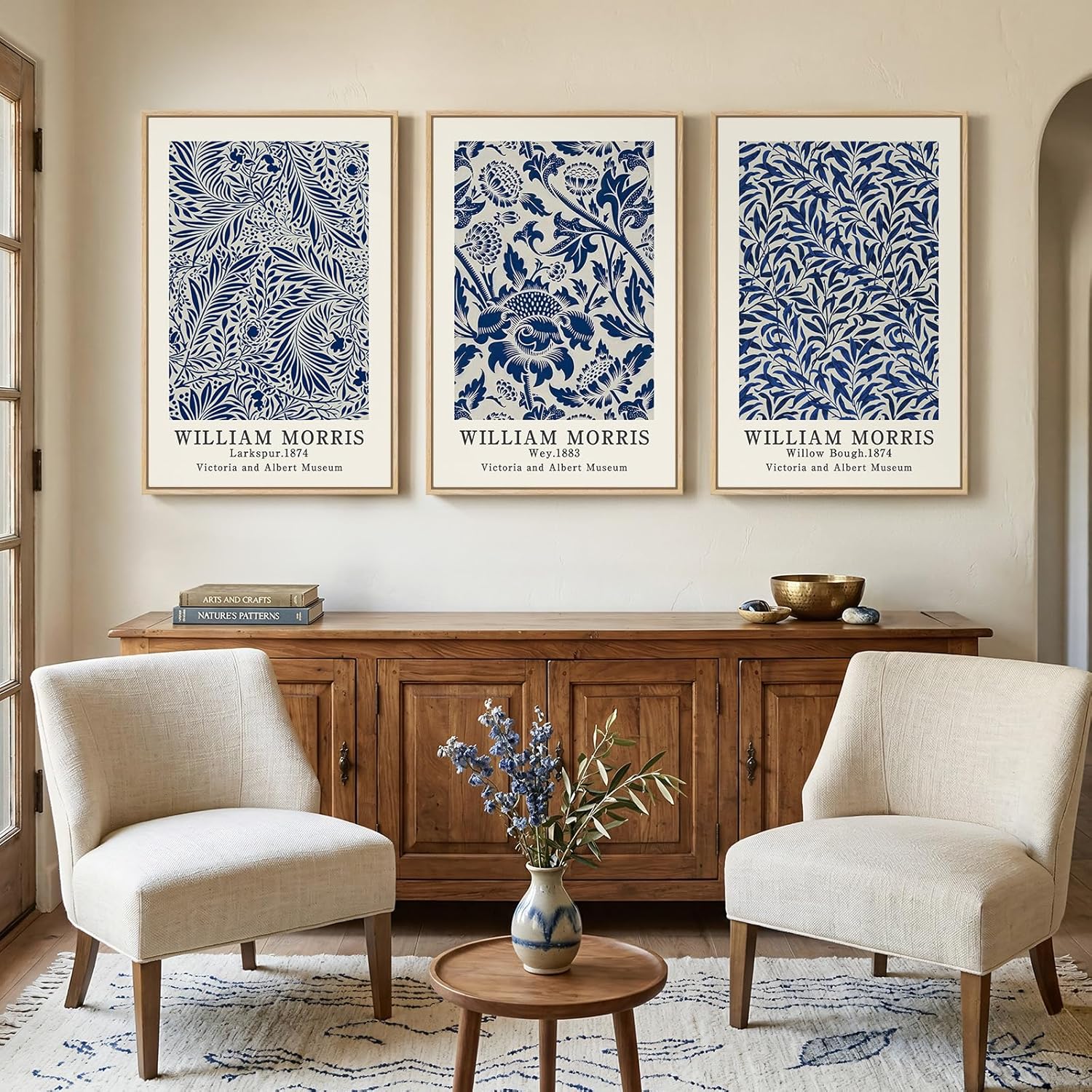 Large Framed William Morris Blue Canvas Wall Art for Living Room, 3 Piece image 2