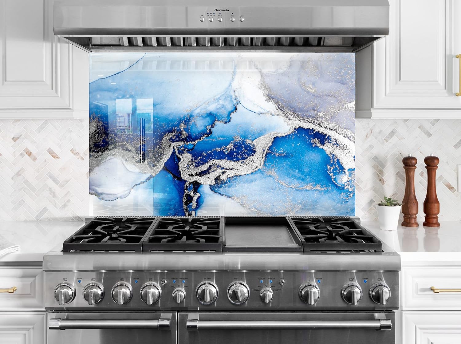 Myphotostation Tempered Glass Splashback 28Wx18H''Blue Silver Abstract