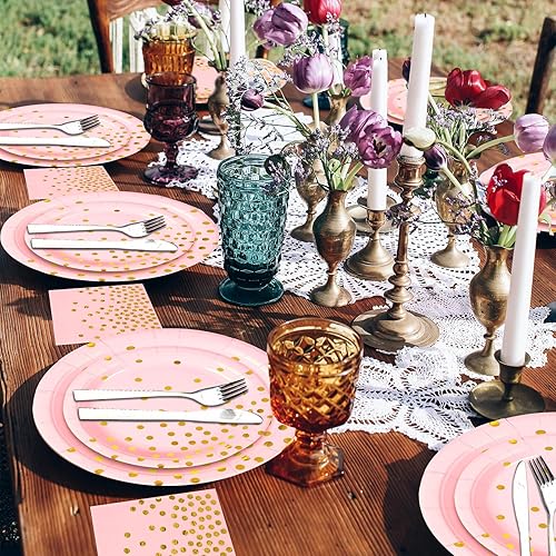 Miniatura 6 de Platos de papel rosa y servilletas para fiestas, platos desechables de 50 x 9 pulgadas, platos de postre de 50 x 7 y servilletas de 50 x 6.5