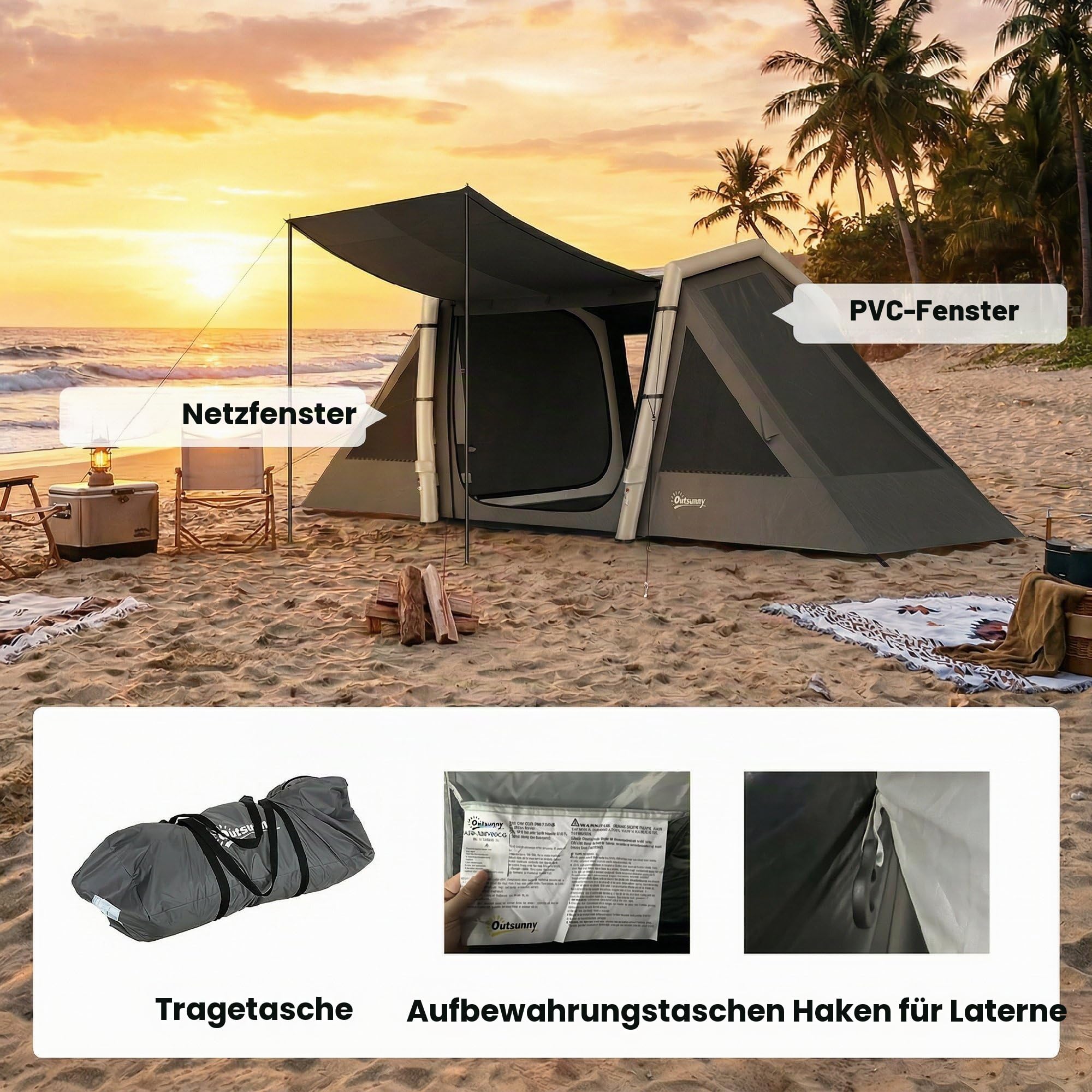 Outsunny Aufblasbares Campingzelt für 4 Personen, Blackout – Luftzelt 5,8 m lang mit 2 Schlafzimmern und Wohnzimmer – wasserdicht 3000 mm mit Pumpe, Sonnendach und fluoreszierenden Heringen