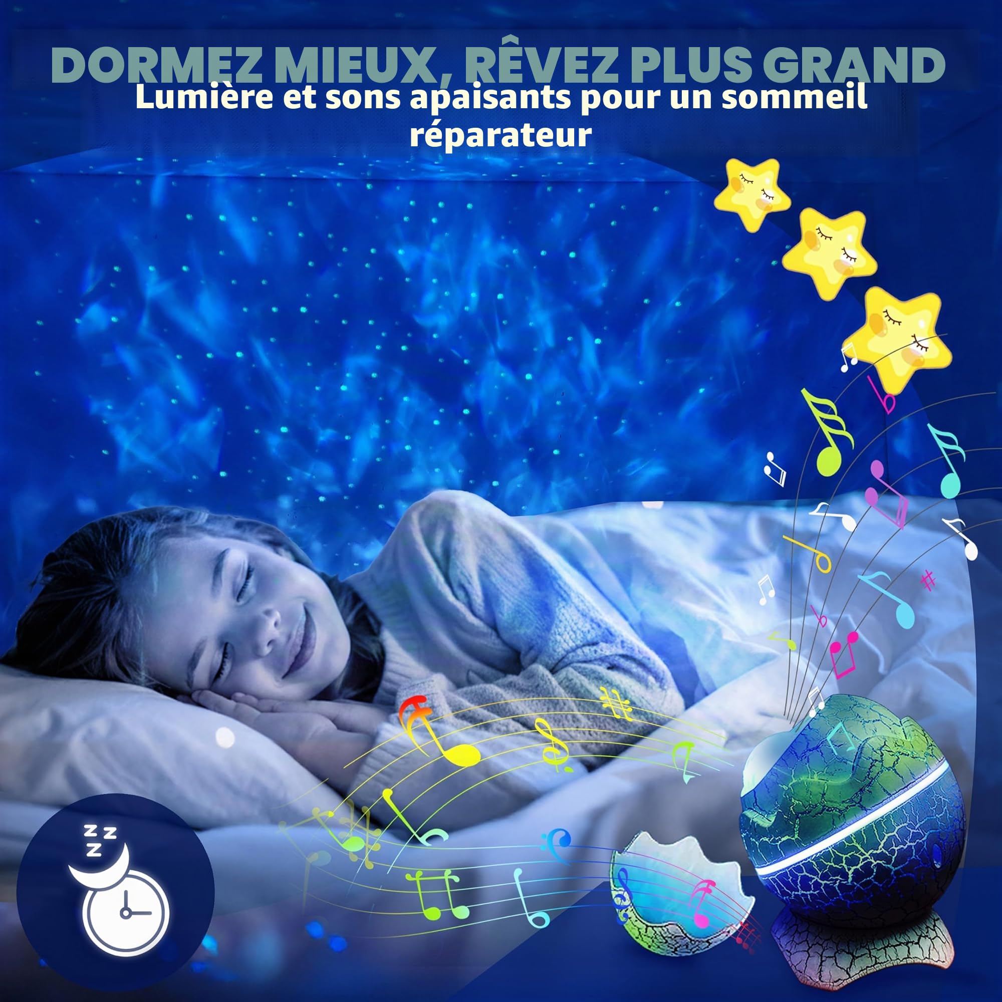 Projecteur d'étoiles Galaxie Œuf de Dinosaure : veilleuse sensorielle avec machine à bruit blanc, Bluetooth et minuterie, lampe à lave, lumières LED pour chambre à coucher, projecteur de plafond
