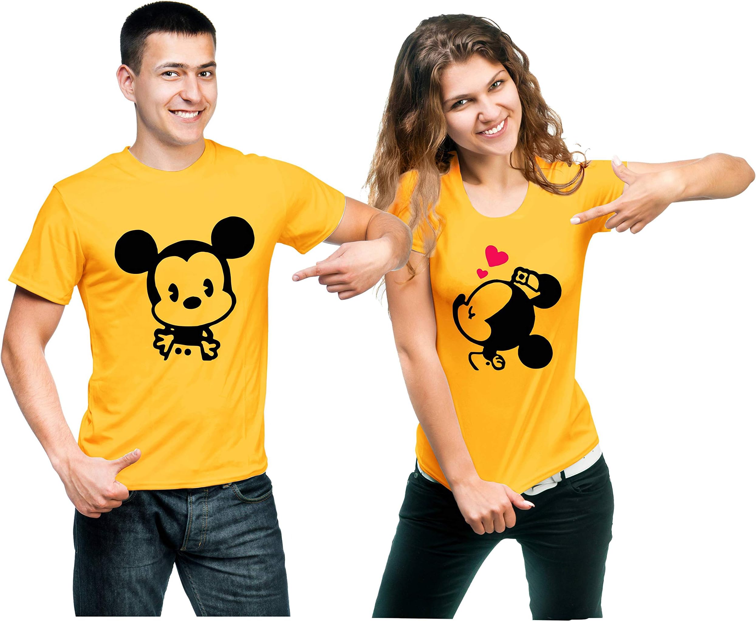 Hangout HubHH116 Men Women Cotton Regular Fit Mickey Minnie Printed Matching Combo T-Shirts for Couples