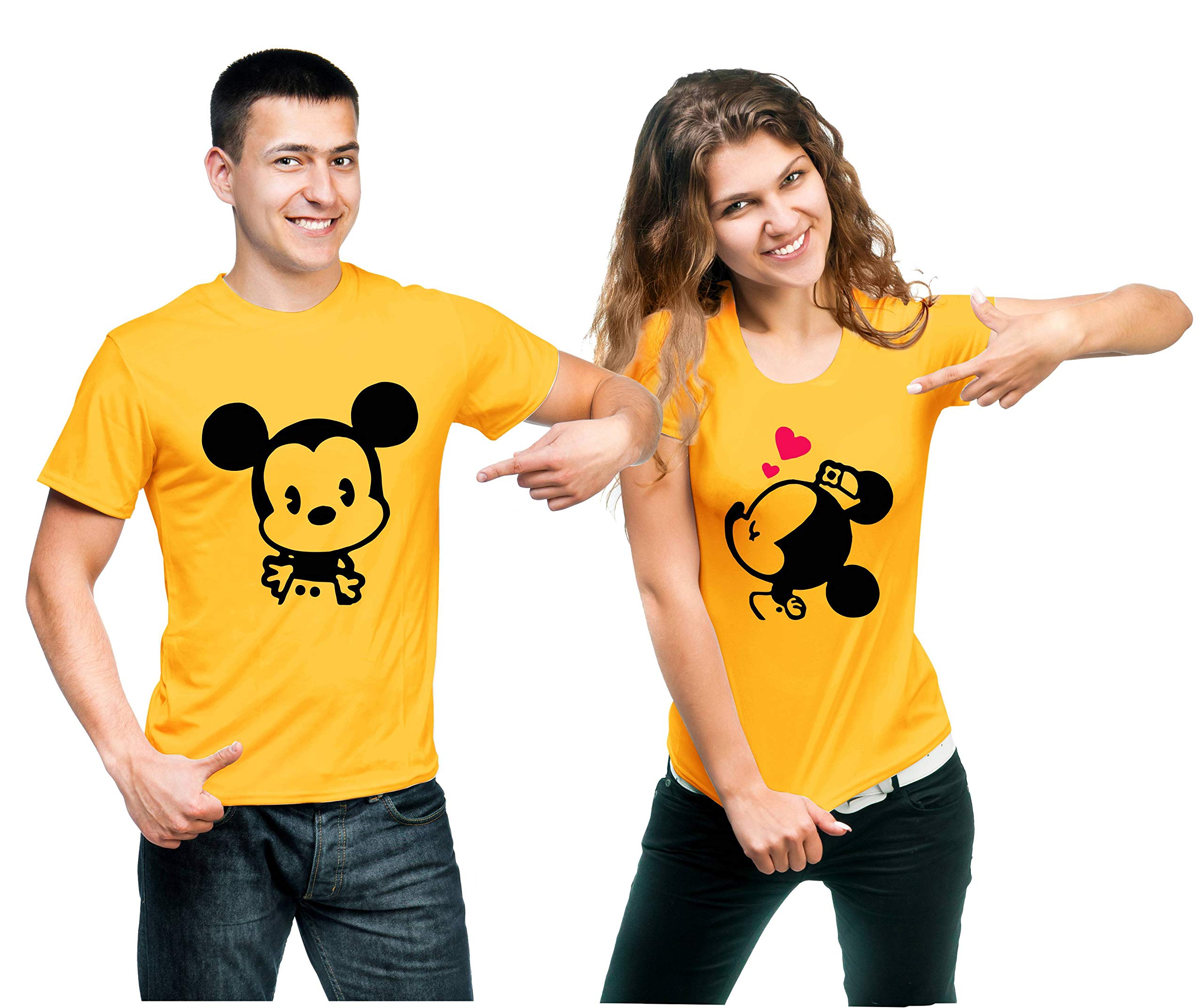 Hangout HubHH116 Men Women Cotton Regular Fit Mickey Minnie Printed Matching Combo T-Shirts for Couples