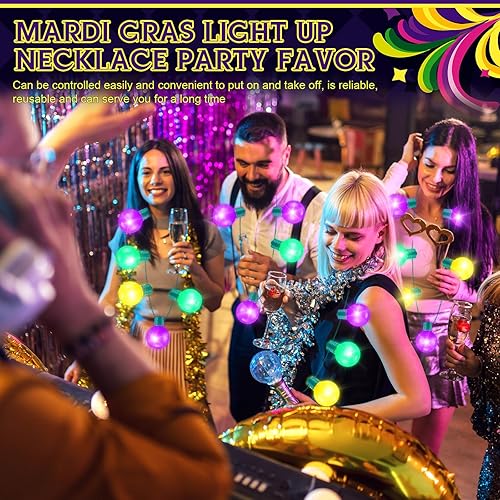 Miniatura 5 de 12 collares con bombillas LED de Mardi Gras, morado, verde, dorado, con 6 modos de iluminación para suministros de fiesta de Mardi Gras, accesorios