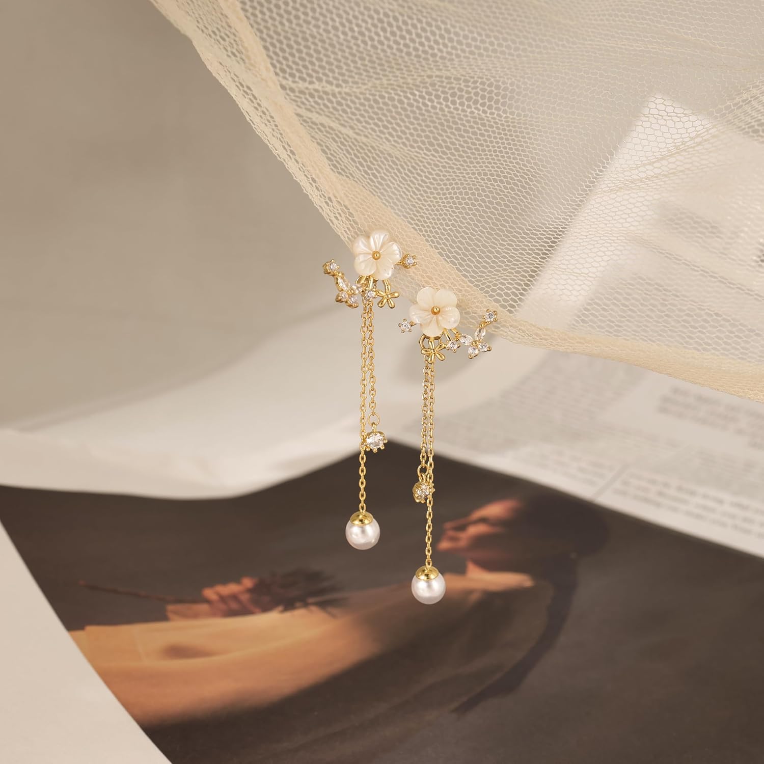 Gold Dangle Earrings for Women,Dainty 14k Gold Plated Pearl Drop Earring Stud Wedding Chain CZ Earring Small Cute Drop Stud Earrings for Women Trendy Bridesmaids Jewelry Personalized Gifts - Image 6