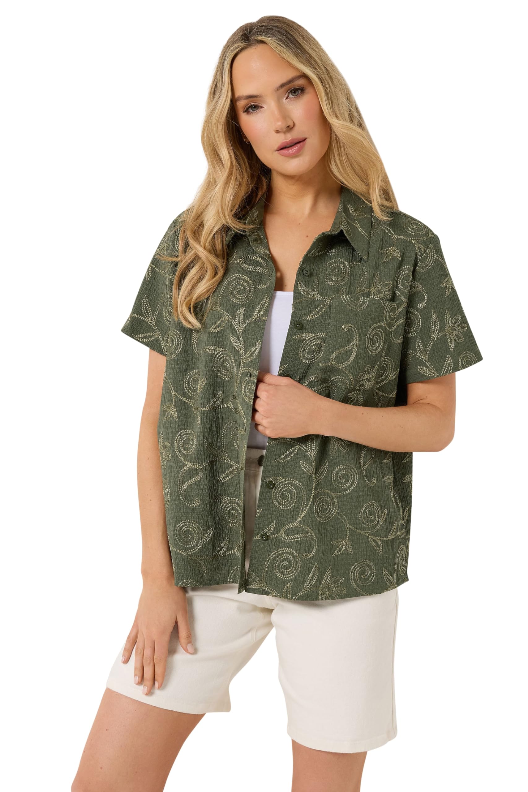 Long Tall Sally Women's Olive Tall Floral Embroidered Shirt In | Size: 14