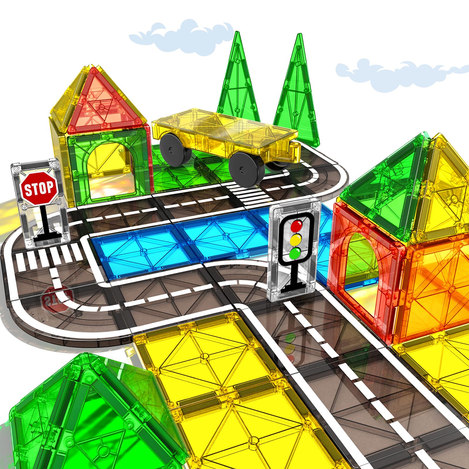 Magnetic Tiles Road Sets with Car, Magnetic Building Blocks Toys for 3+ Year Old Boys Girls, Montessori Magnet Kids Toys, Construction Toys for Ages 3 4 5 6 7 8 Birthday Gifts for Toddlers