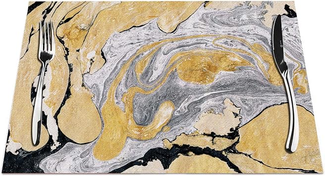 Black Gold Placemats Set of 4, Black Gold Silver Marble Ink Abstract Painting Beautiful Gray Effect Aqua Placemats Heat Resistant for Dining Table Non-Slip 18x12 Inches
