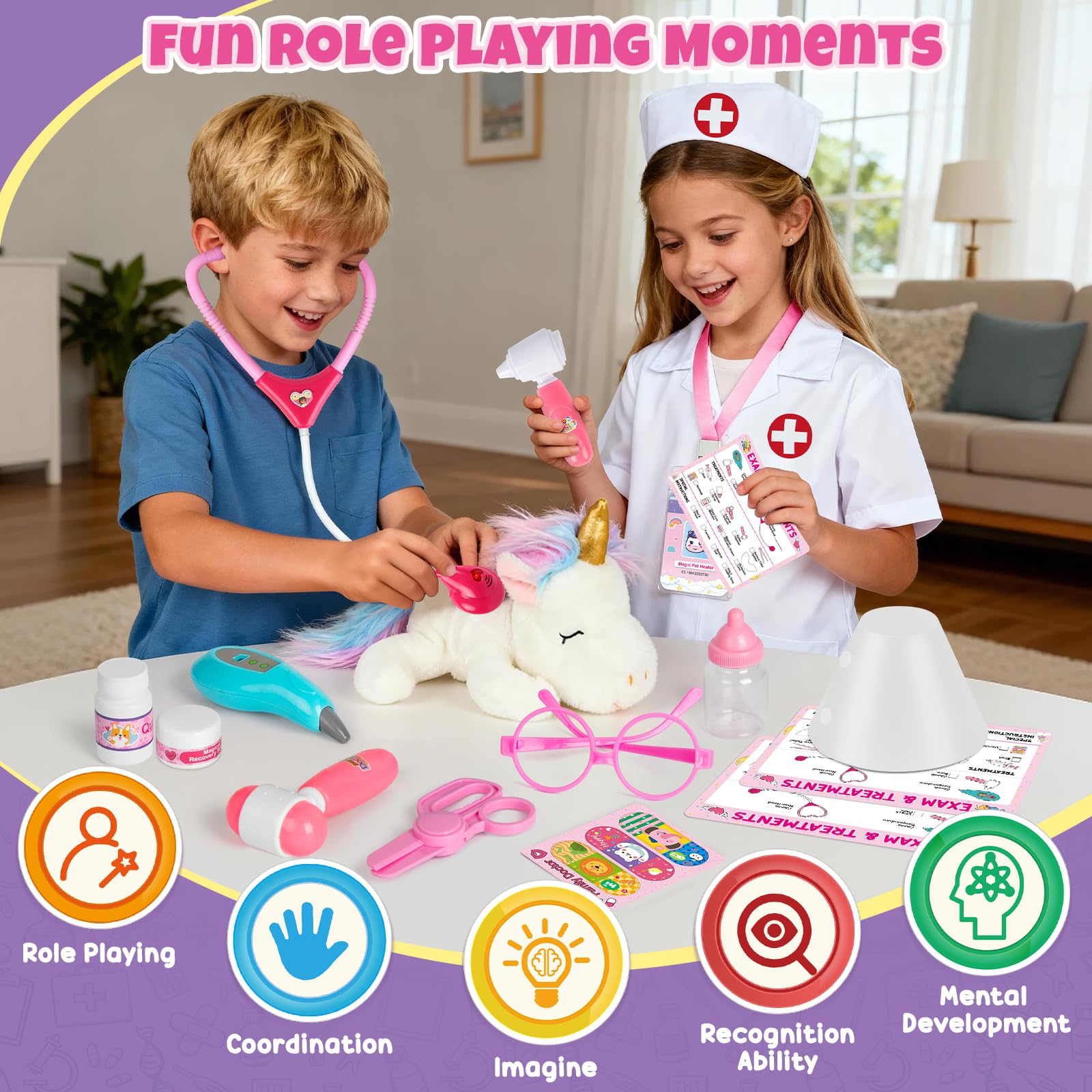 Kit Docteur Enfants, Coffret Médicale avec Peluche Licorne et Blouse de Docteur, Jeu de Rôle pour Enfants 3 4 5 6 Ans - Cadeau Noël et Anniversaire