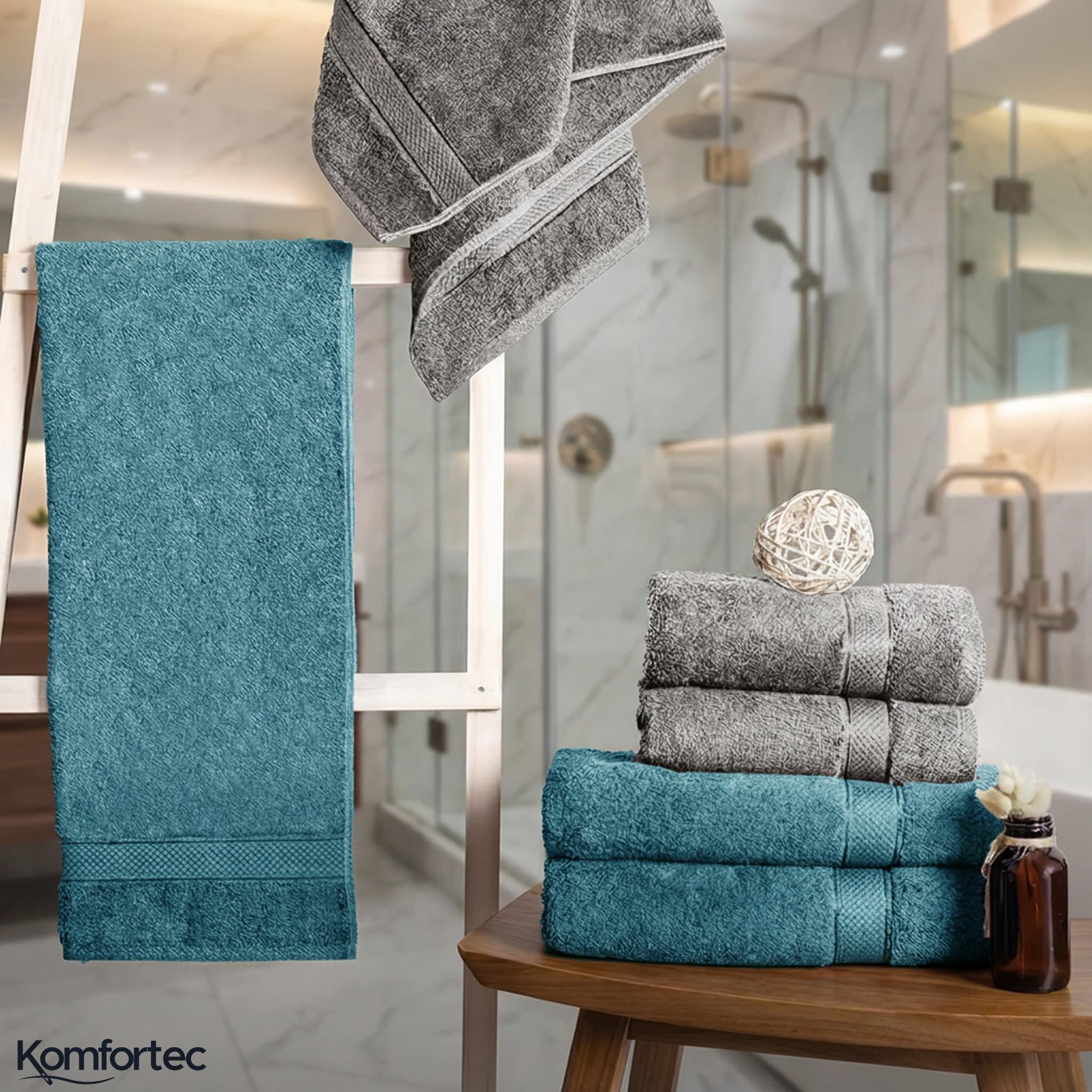 Komfortec 8er Handtücher Set, 4 Badetücher 70x140 cm & 4 Handtücher 50x100 cm, 100% Baumwolle Frottee, Flauschig und Saugstark,Anthrazit/Türkis