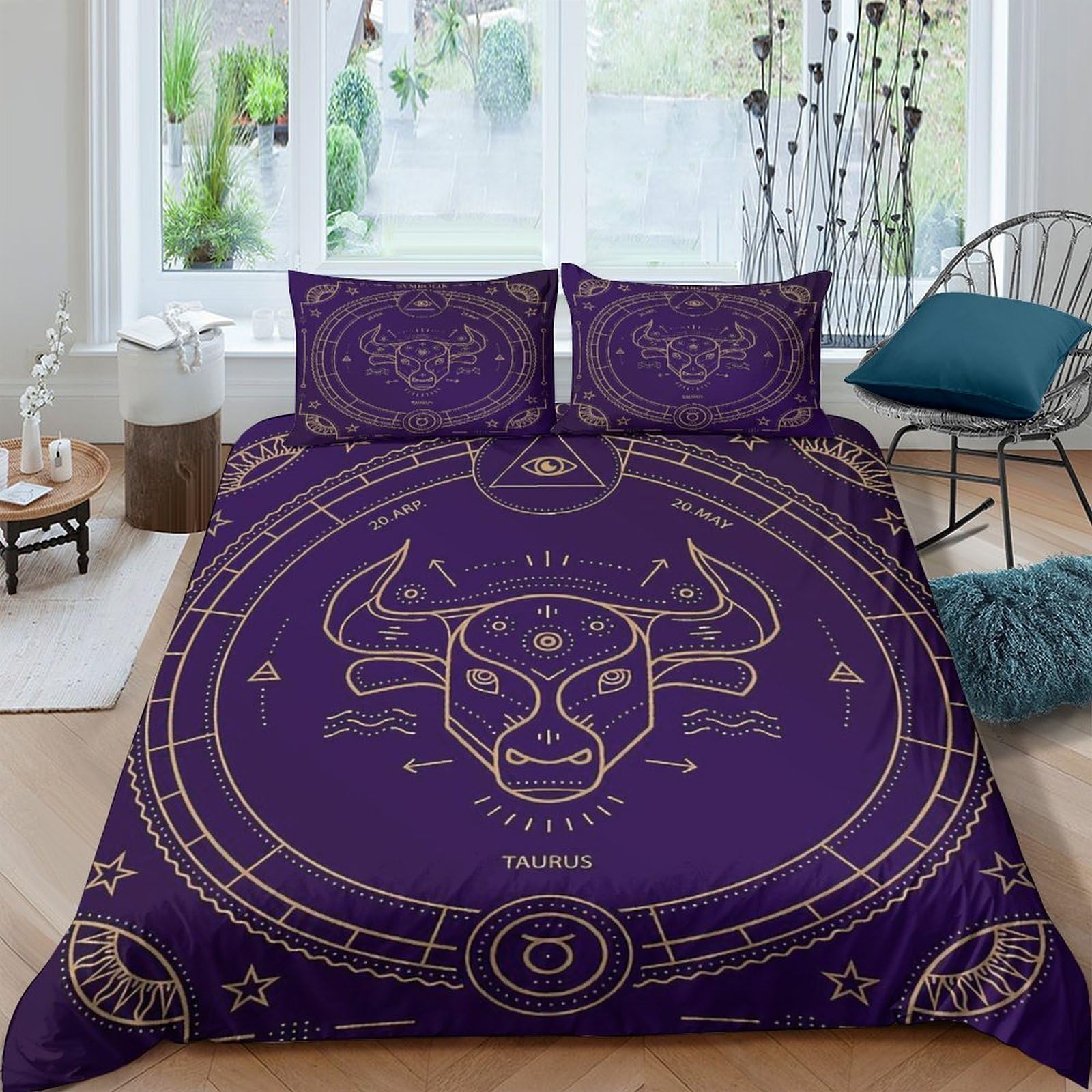 Ctjqhvkz Style-3 3D Printed Taurus Zodiac Fitted Sheet Microfiber Purple Mandala Pattern Mattress Cover For Bedroom Dorm Decor Single（135X200cm）