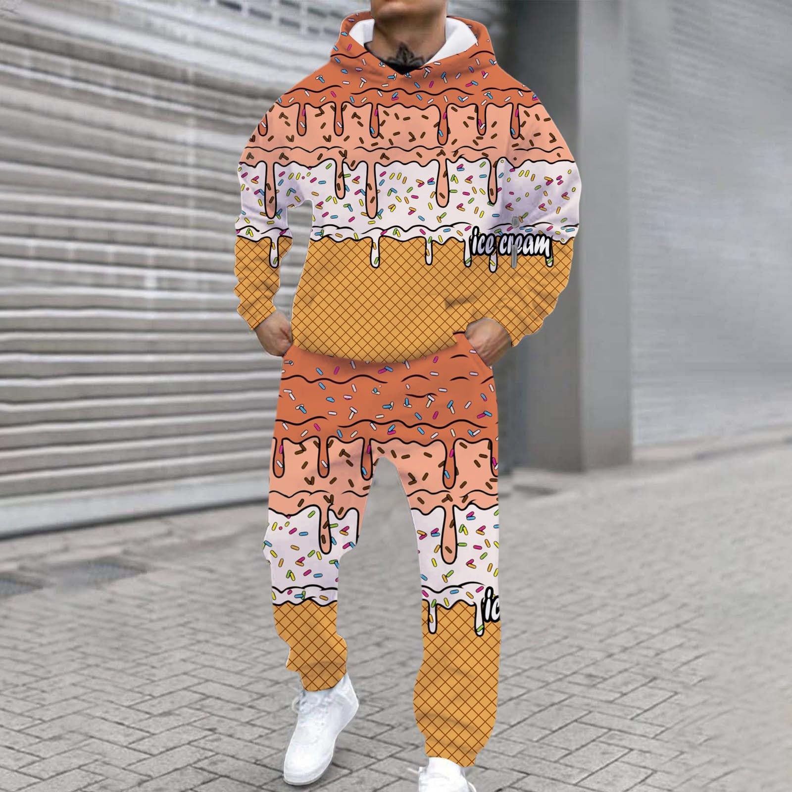 Generisch Trainingsanzug Herren Ice Cream Druck Gradientenfarbe Jogginganzug Baumwolle Sportanzug Y2k Streatwear Zweiteiler Langarm Hoodies und Jogginghosen Set Bequeme Hausanzug mit Taschen