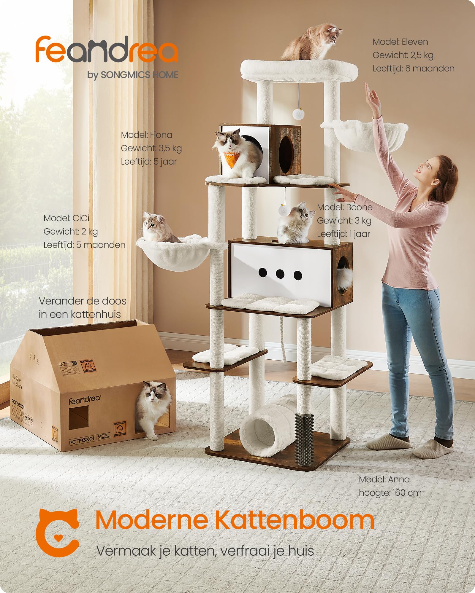 Feandrea Krabpaal Grote 168 cm Hoge L met 13 Krabpalen, 2 Platforms, 2 Grotten, Mand, Hangmat, Pluche Ballen, Meerlaagse Krabpaal, Crème Wit PCT165T01
