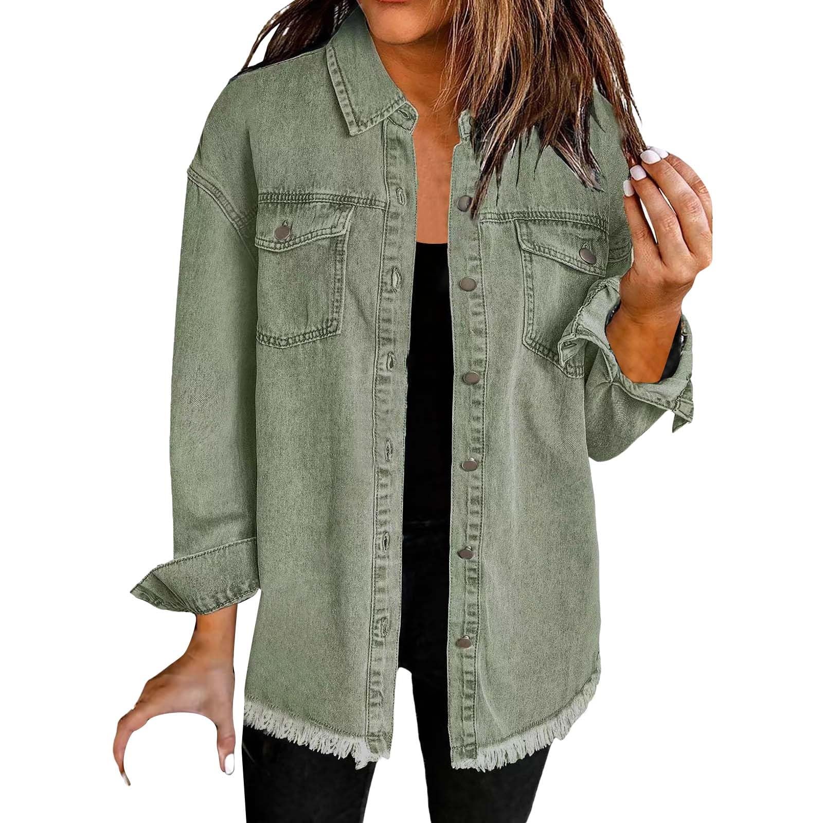 HUIFUAO Camicia di Denim Lavato Giacca Donna Oversize Button Down Cappotto di Jeans con Tasca Manica Lunga Camicetta di Denim Sfrangiato Top