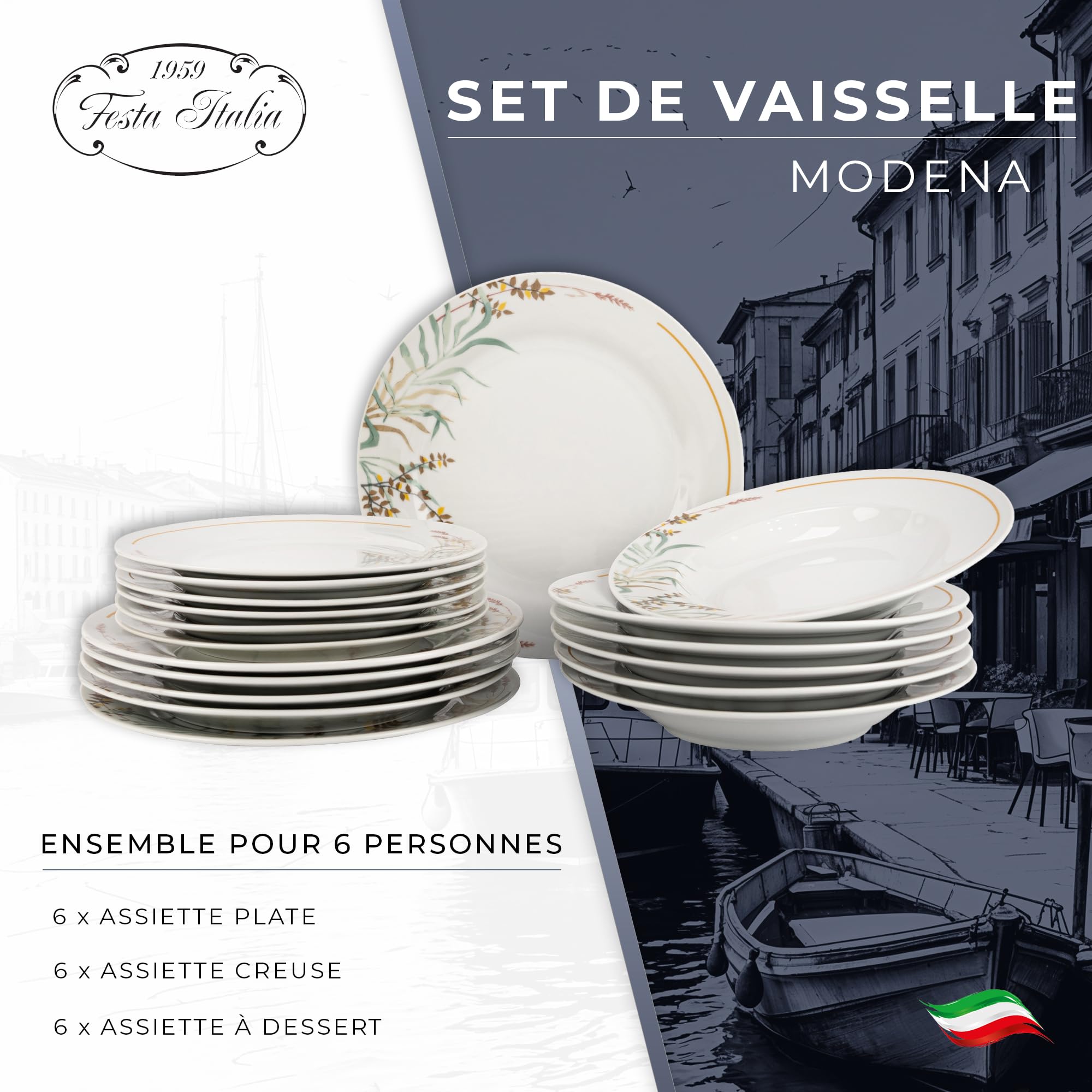 Service Vaisselle 6 Personnes - 18 Pièces - Porcelaine - Assiettes Service de Table - Ensemble Vaisselle de Table Moderne - Assiette et Arts de la Table - Assiettes Plates