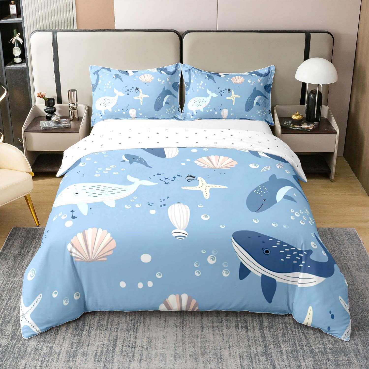 Loussiesd Kinder Wal Baumwolle Bettwäsche Set 135x200cm Jungen Mädchen Fische Bettbezug Set Muscheln Betten Set Unterwasser Welt Meereslebewesen Sealife Bettdeckenbezug