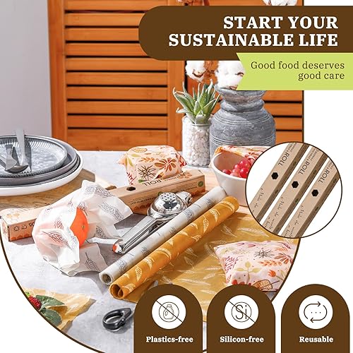 Miniatura 7 de Moukeren 3 rollos reutilizables de cera de abejas de 13 x 40 pulgadas, envolturas de cera de abejas para alimentos, envoltorios de papel de cera de
