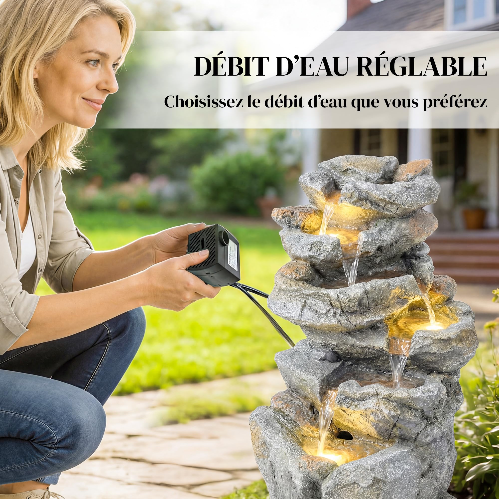 Outsunny Fontaine de Jardin Cascade 6 Niveaux - Décoration de Jardin Zen Résine Pierre Naturelle - 53cm Cascade d'eau Lumineuse LED pour Terrasse, Balcon et Extérieur, Gris