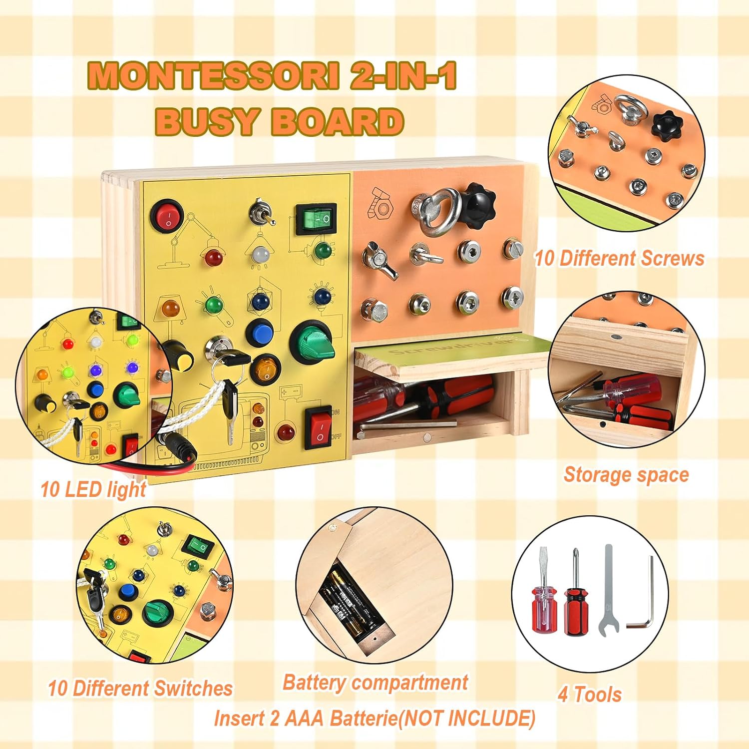 Busy Board with LED Light, Screws and Key, 3-in-1 Montessori Screwdriver Board, Wooden Switch Board, Montessori Toys for Toddler 3 4 5 Year Old, Fine Motor Skill Toys Birthday for Kids