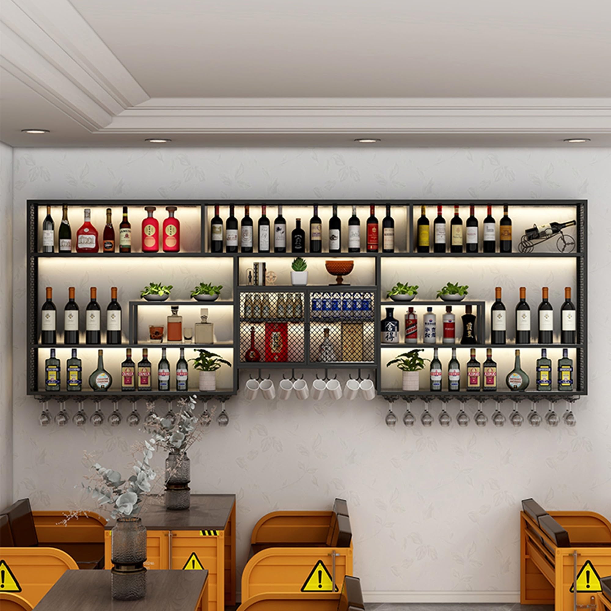 WXZXWXZX Large Metal Wine Rack with LED Light Floating Bar Shelves Liquor Shelf Wall Mounted with Hanging Wine Glass Holder for Liquor Bottles for Home Bar Dining Room Kitchen(Black,250cm/98.4in)