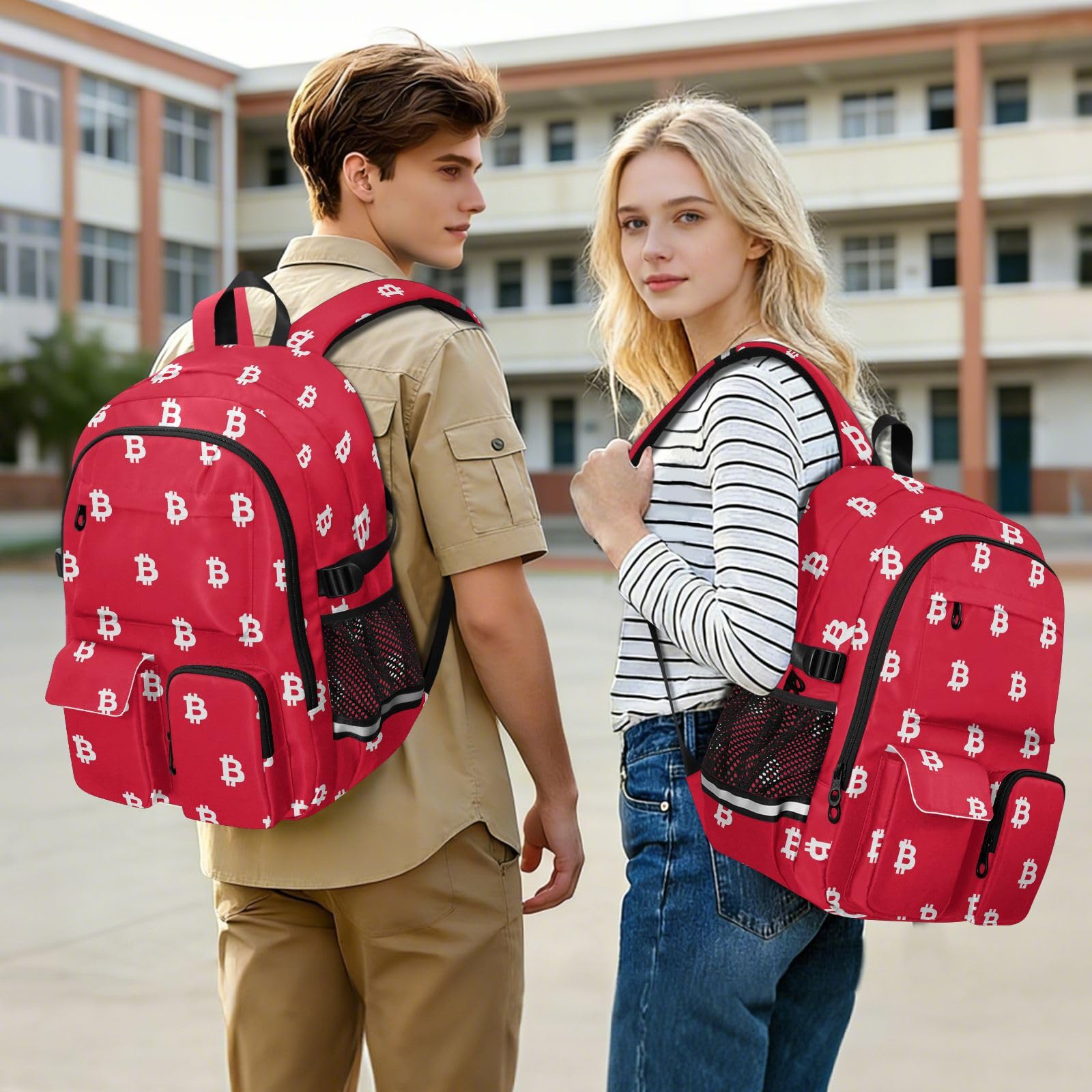 Sac à dos de voyage pour ordinateur portable pour homme et femme avec panneau Bitcoin blanc rouge sac à dos de travail 44,5 cm avec compartiment pour ordinateur portable, sac décontracté léger