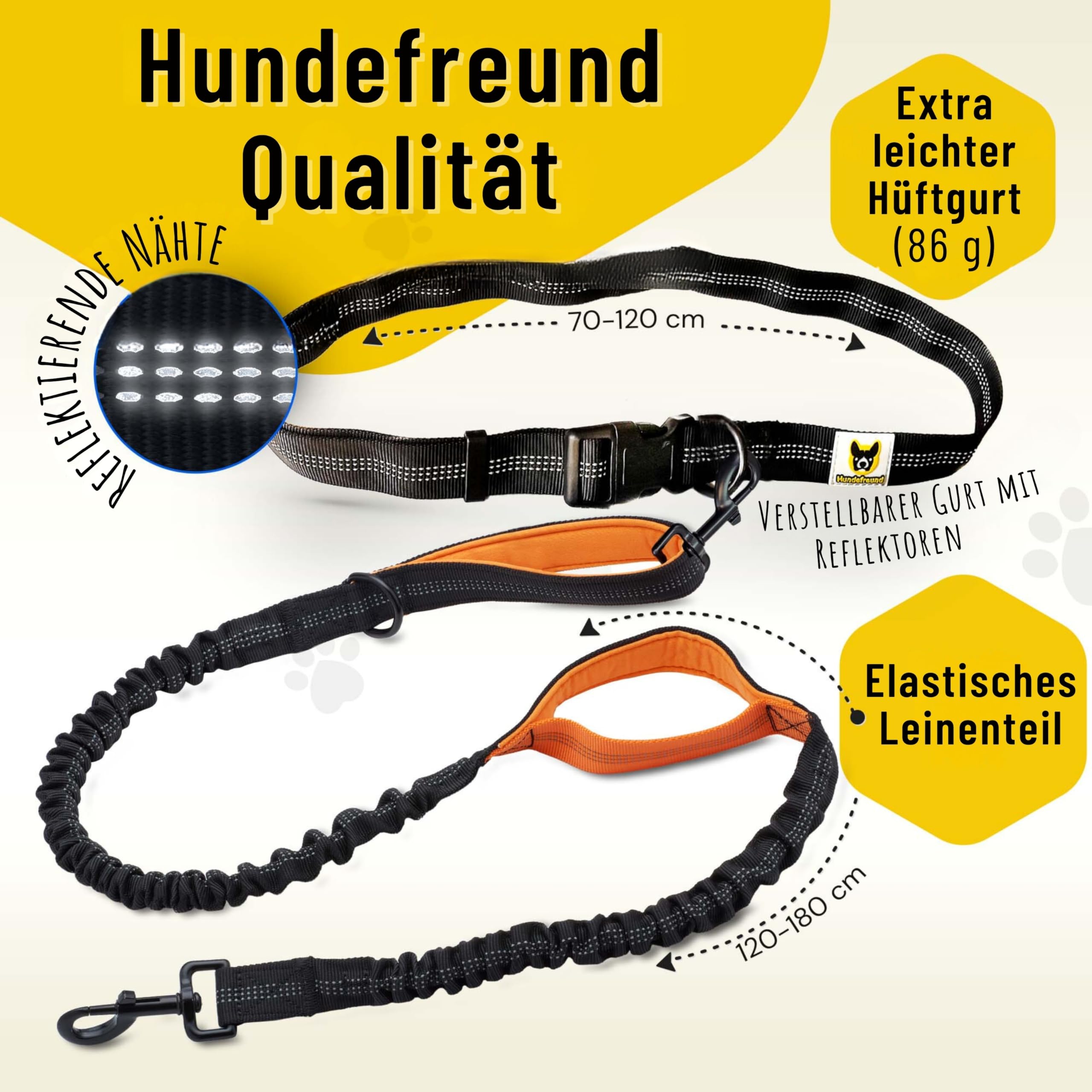 Hundefreund Joggingleine für große Hunde ab 15 kg | Elastische Freihandleine mit leichtem Bauchgurt | Abnehmbare Hundeleine mit 2 weichen Schlaufen | Orange Laufleine (120 cm, dehnbar bis 170 cm)