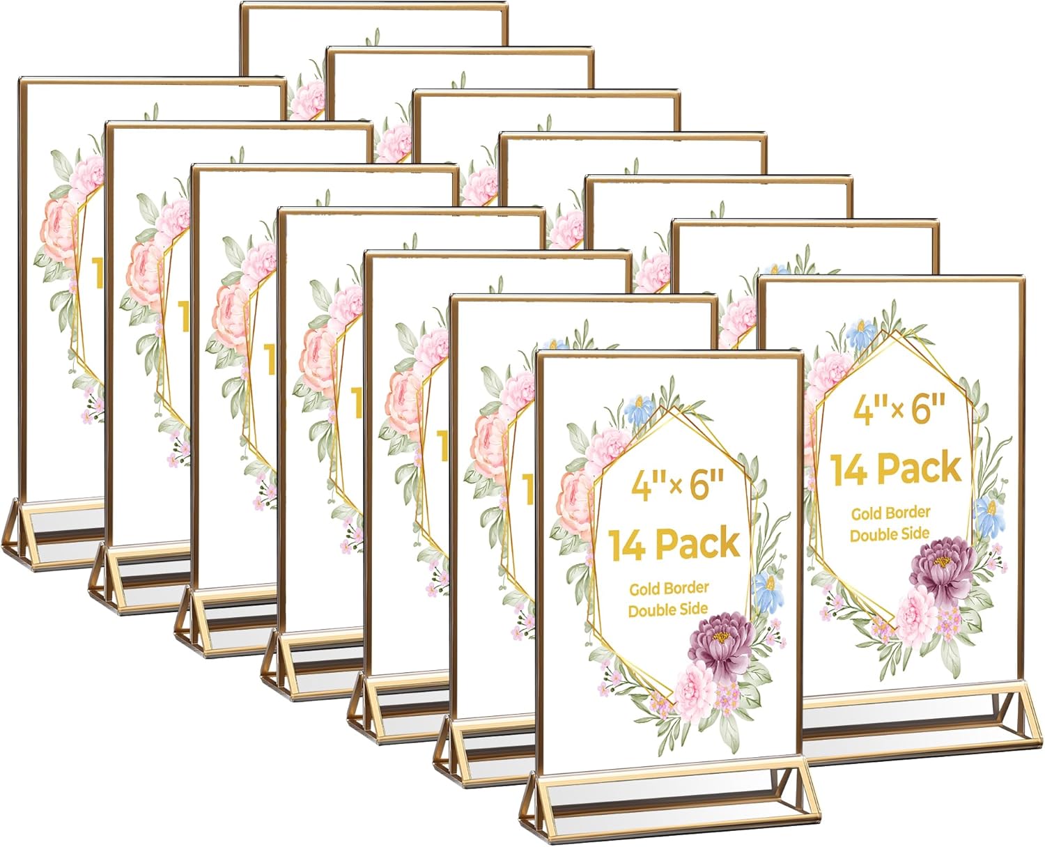 14 Pack Acrylic Sign Holder 4x6 Gold Frames, Wedding Table Number Holders Double Sided Vertical Clear Display Stand, Picture Holders for Tables, Menus, Flyers, Party and Office Decor 14 Pack 4x6