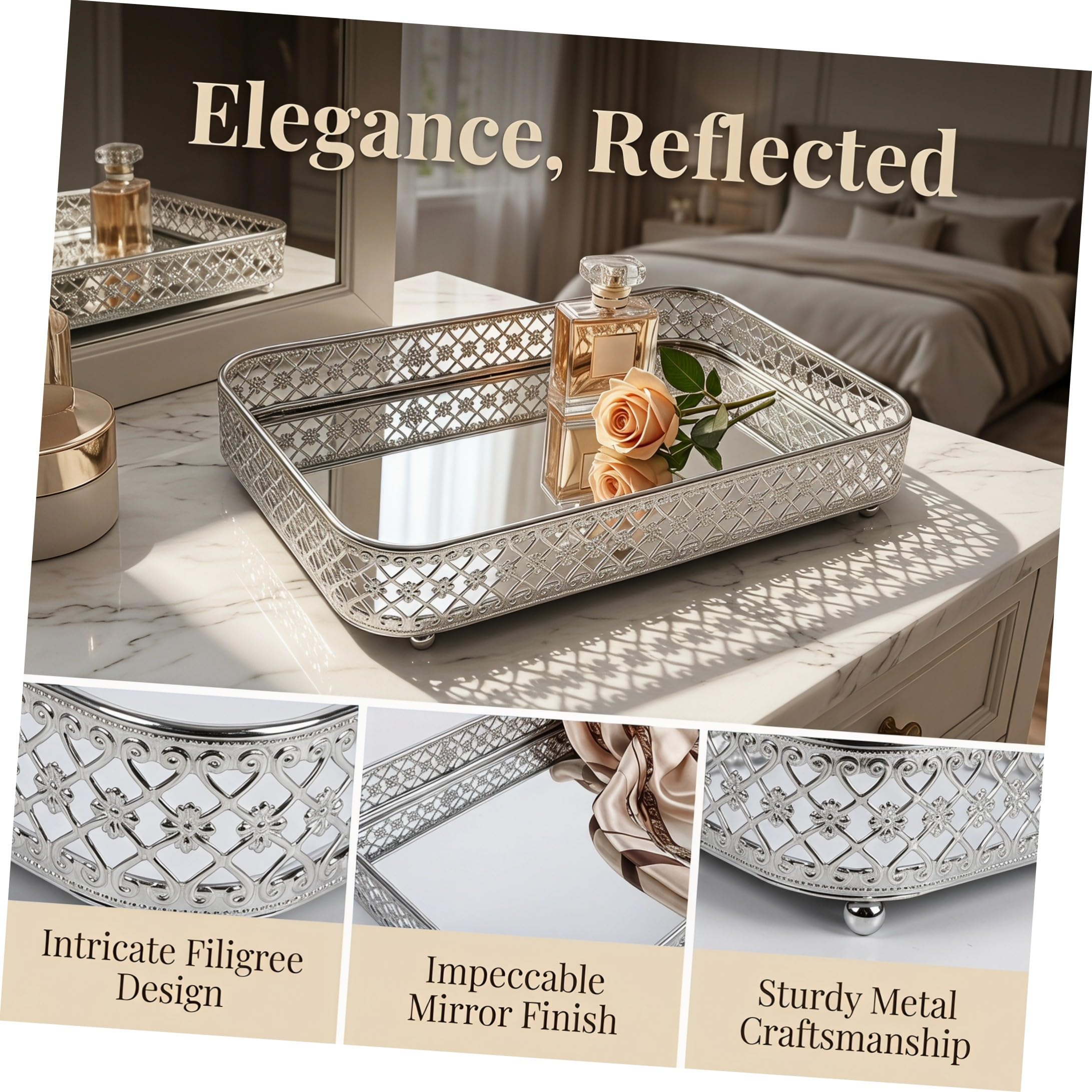 PRETYZOOM Bandeja Decorativa Rectangular Solución Versátil de Metal Superficie Espejo Plata, Fácil de Limpiar y Almacenamiento en Tocadores y Restaurantes