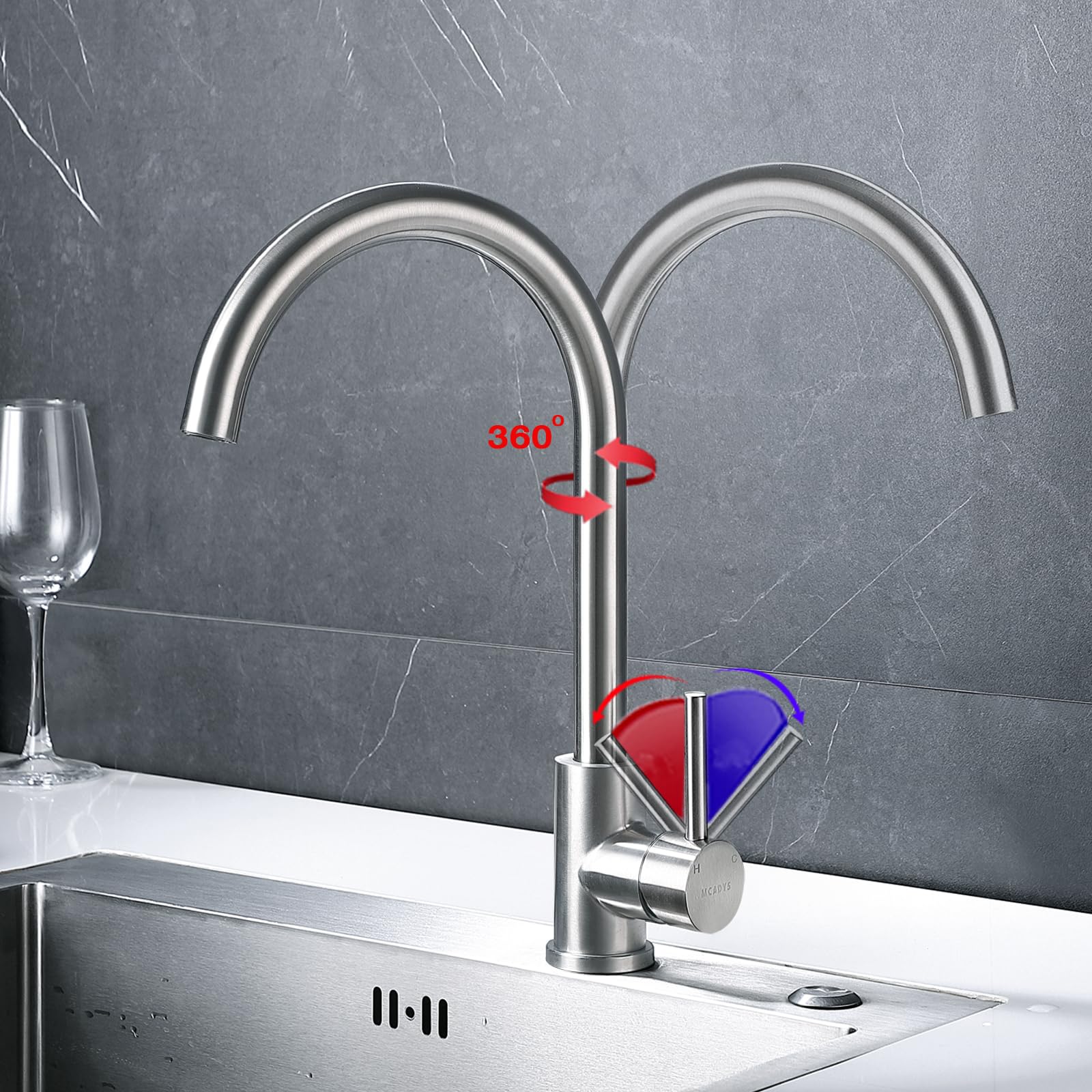 Rubinetto Lavello Cucina Acciaio Inox 304, Miscelatore Cucina Acciaio Inox Satinato Spazzolato,MCADYS Miscelatore Lavabo Cucina Acqua Calda e Fredda, Orientabile a 360°