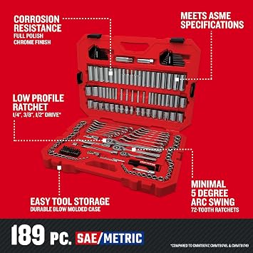 CRAFTSMAN 189 Piece Mechanics Tool Set, 1/4, 3/8 and 1/2 Inch Drive Socket Wrench Set with Thinner Ratchet, Steel 6 and 12-Point Sockets, Wrenches, Hex Keys and Specialty Bits, 90-Tooth (CMMT12134)