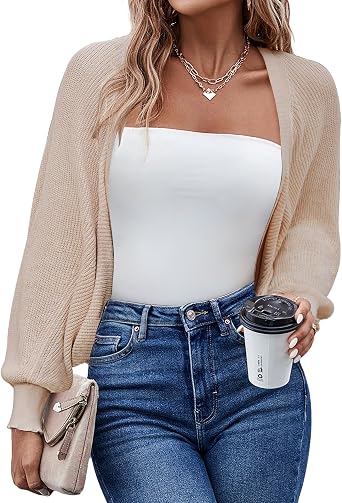 HOTOUCH Womens Cardigan Shrugs Long Batwing Sleeve Knitted Cropped Bolero Open Front Casual Elegant Cardigans for Dresses